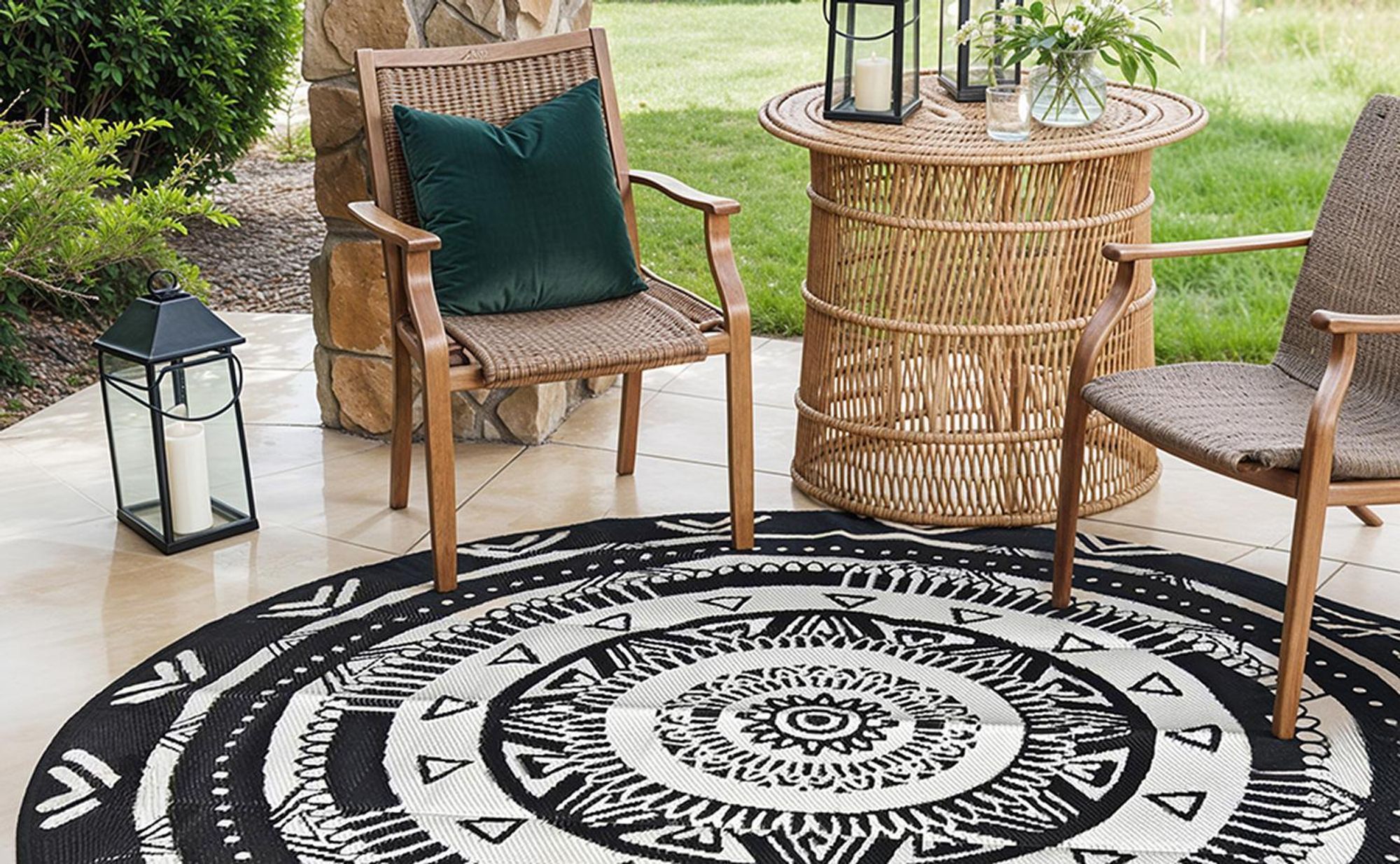 Runder Mandala-Teppich unter einer Rattan-Sitzgruppe im Außenbereich.