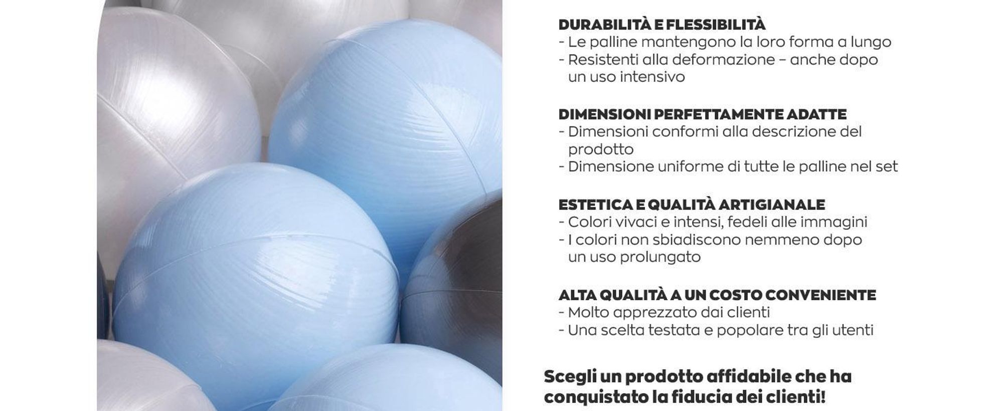 MISIOO palline per il bagno 150 pezzi - palline per il bagno - palline Ø 6 cm - palline in plastica 100% LDPE - giocattolo per bambini - azzurro/perline/argento