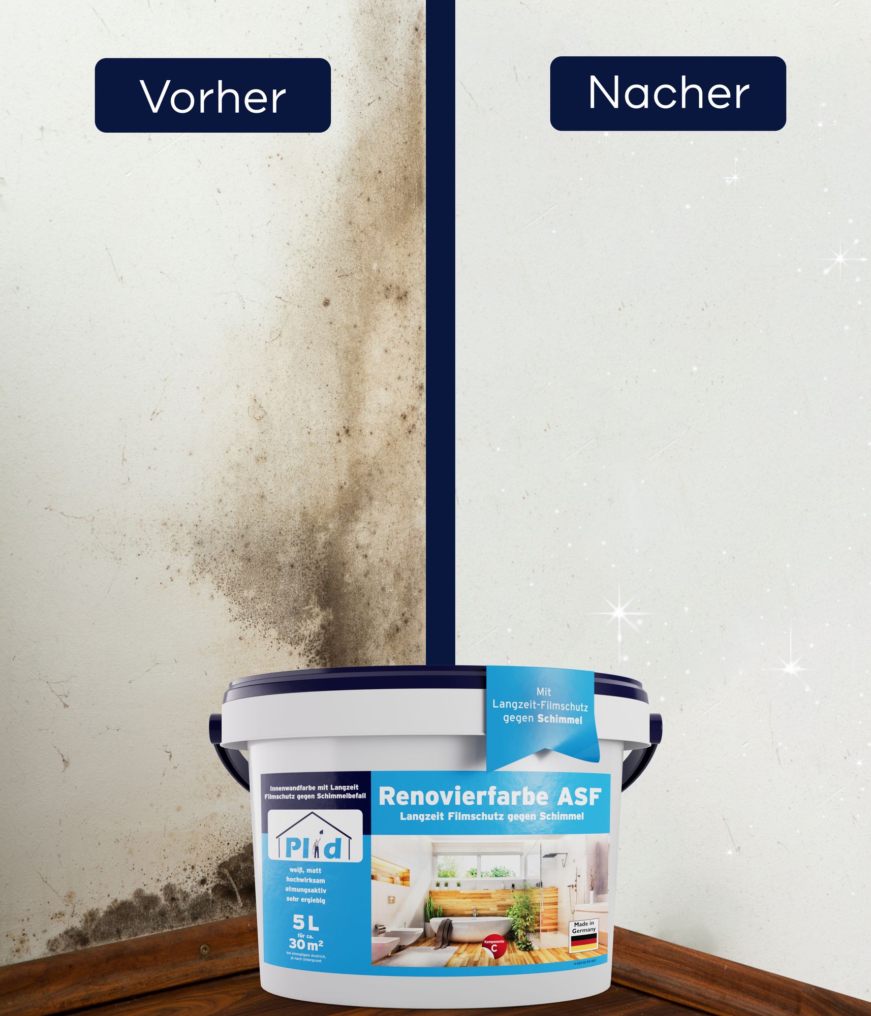 Anti Schimmel Renovierfarbe Weiß 5l inkl. Anti-Schimmelspray für ca. 30m² [DAUERHAFTER SCHIMMELSCHUTZ] - Innenfarbe für feuchte Räume, Bad & Küche