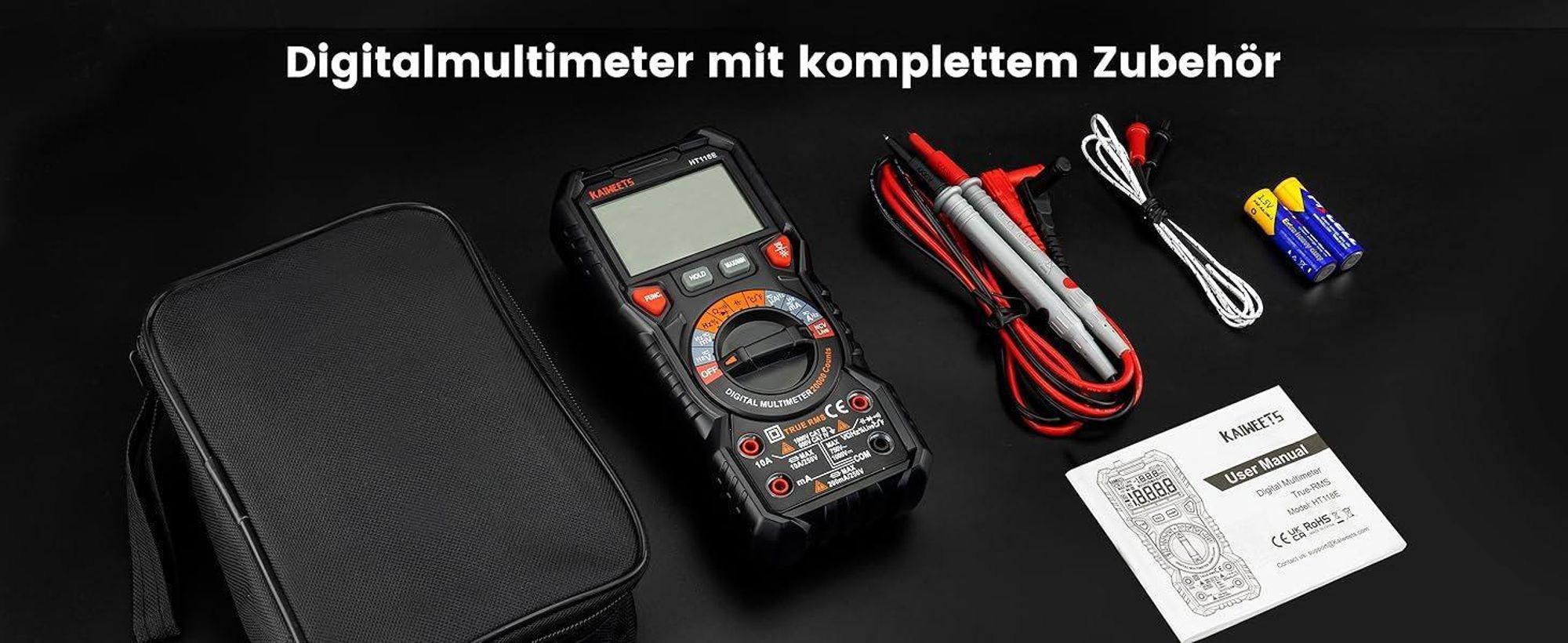 Digital Multimeter mit LED-Buchsen, KAIWEETS HT118E Strommessgerät, True RMS Auto-Range 20000 Zähler, misst Spannung,Kapazität, Temperatur, Widerstand