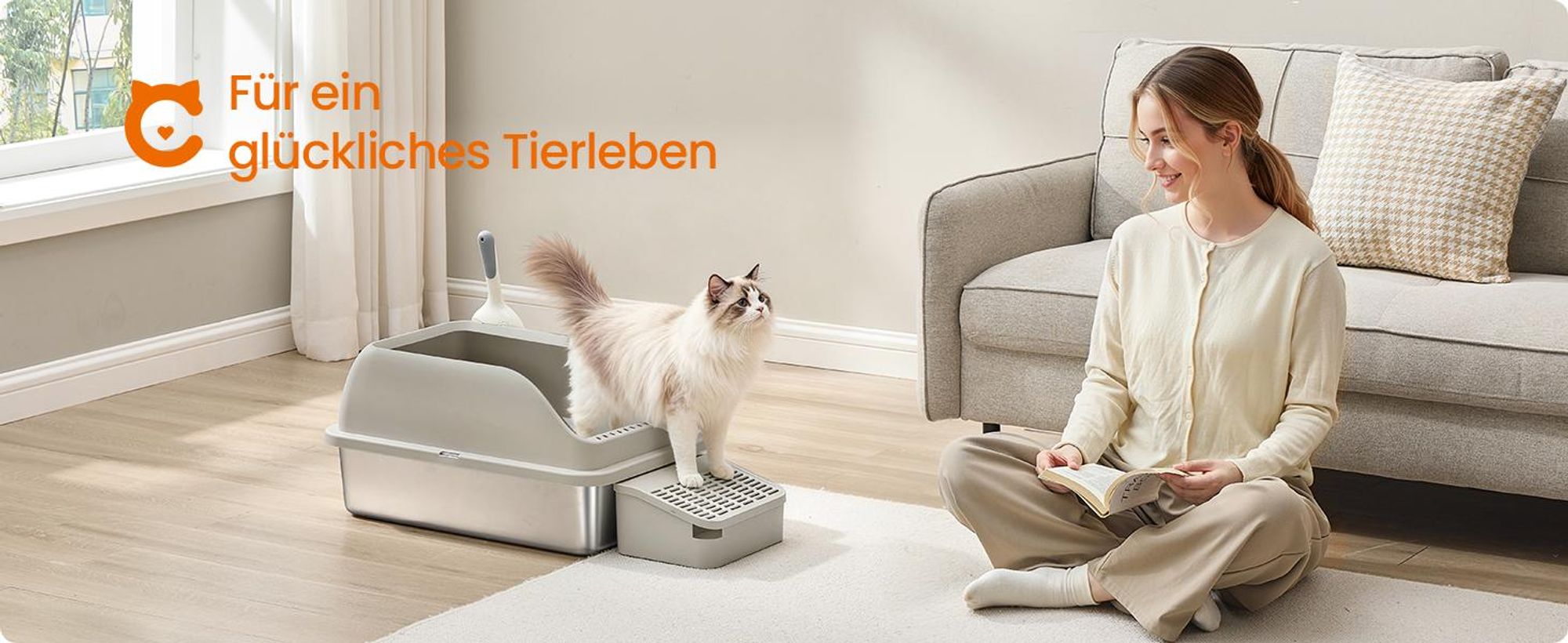 FEANDREA Katzenklo, Katzentoilette, mit hohen Seitenwänden, geräumig, Schaufel, Bürste, kaffeebraun