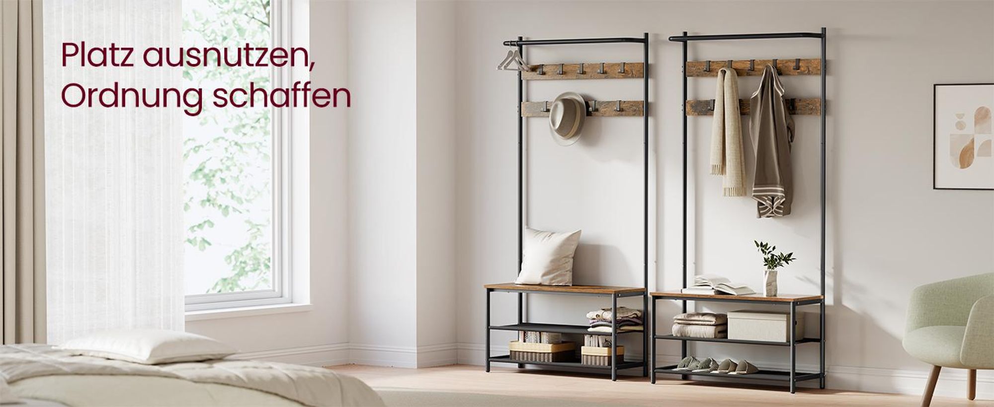 VASAGLE Garderobenständer, Garderobe mit Schuhbank, Kleiderständer, Kleiderstange, 9 abnehmbare Haken 411/421