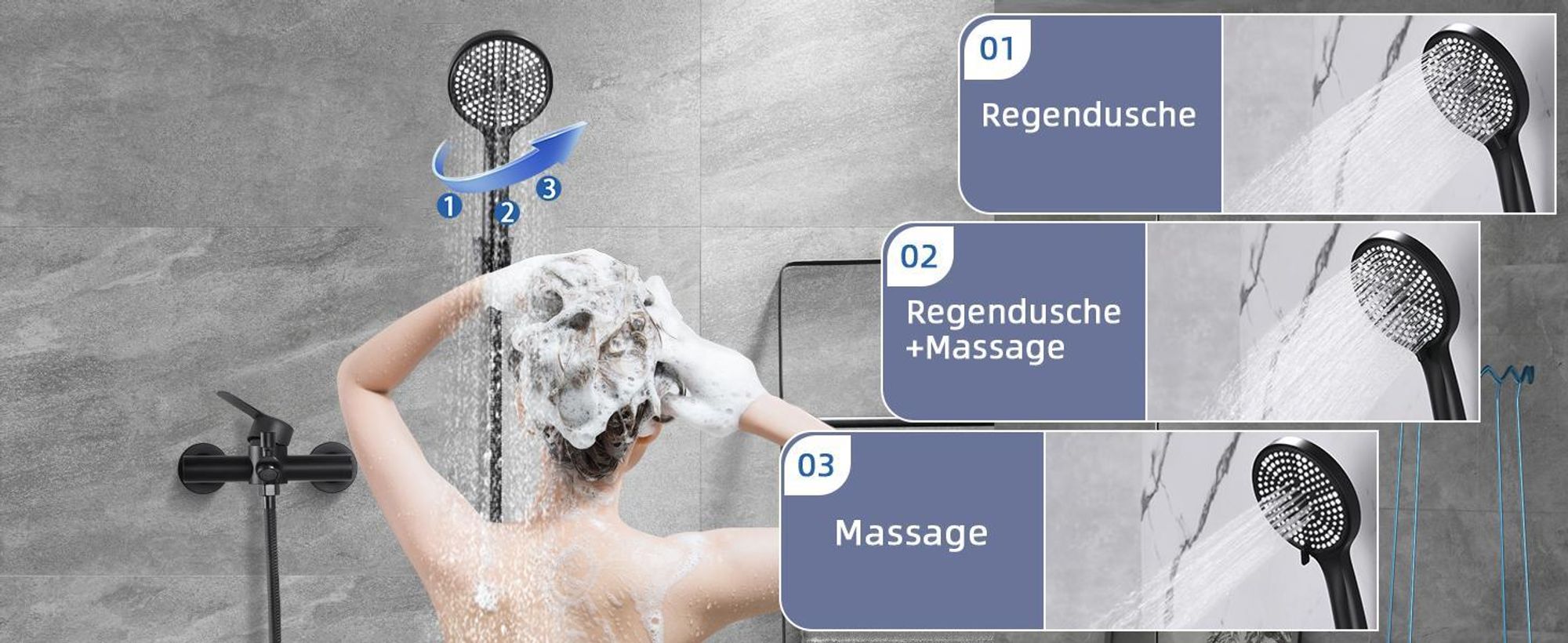 ZMH Wannenarmatur Schwarz mit Handbrause Mischbatterie Badewanne mit Brause Aufputz Wasserhahn mit Duschkopf 150mm Wandmontage Armatur 3 Funktionen