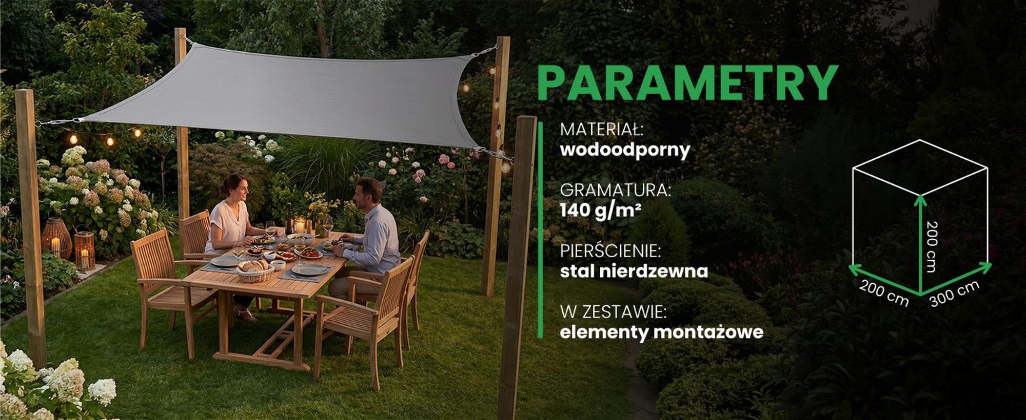 Żagiel przeciwsłoneczny ogrodowy 2 na 3 metra wodoodporne na balkon taras do ogrodu