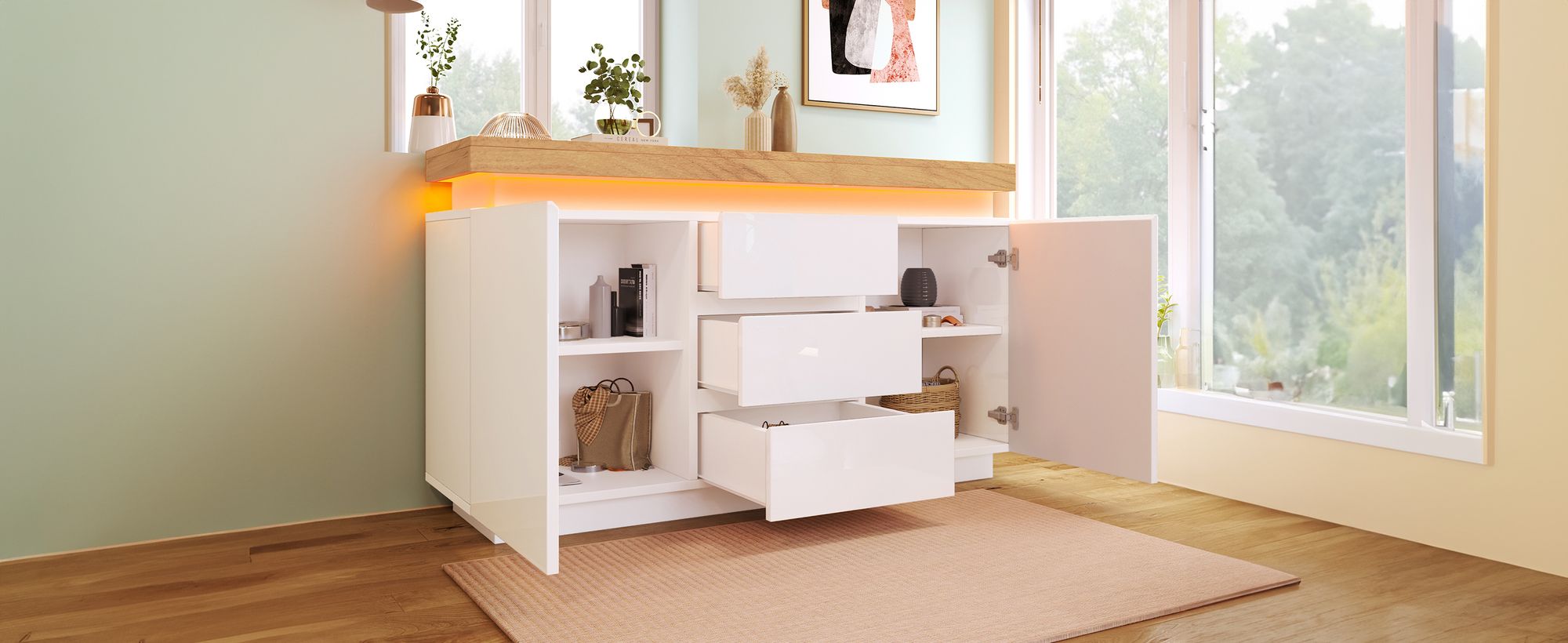 okwish Kommode Sideboard mit viel Stauraum, Schrank mit 2 Türen und 3 Schubladen und LED Beleuchtung(App-Steuerung), Schubladenschrank Anrichte für Wohnzimmer, 81 x 140 x 39 cm, Weiß