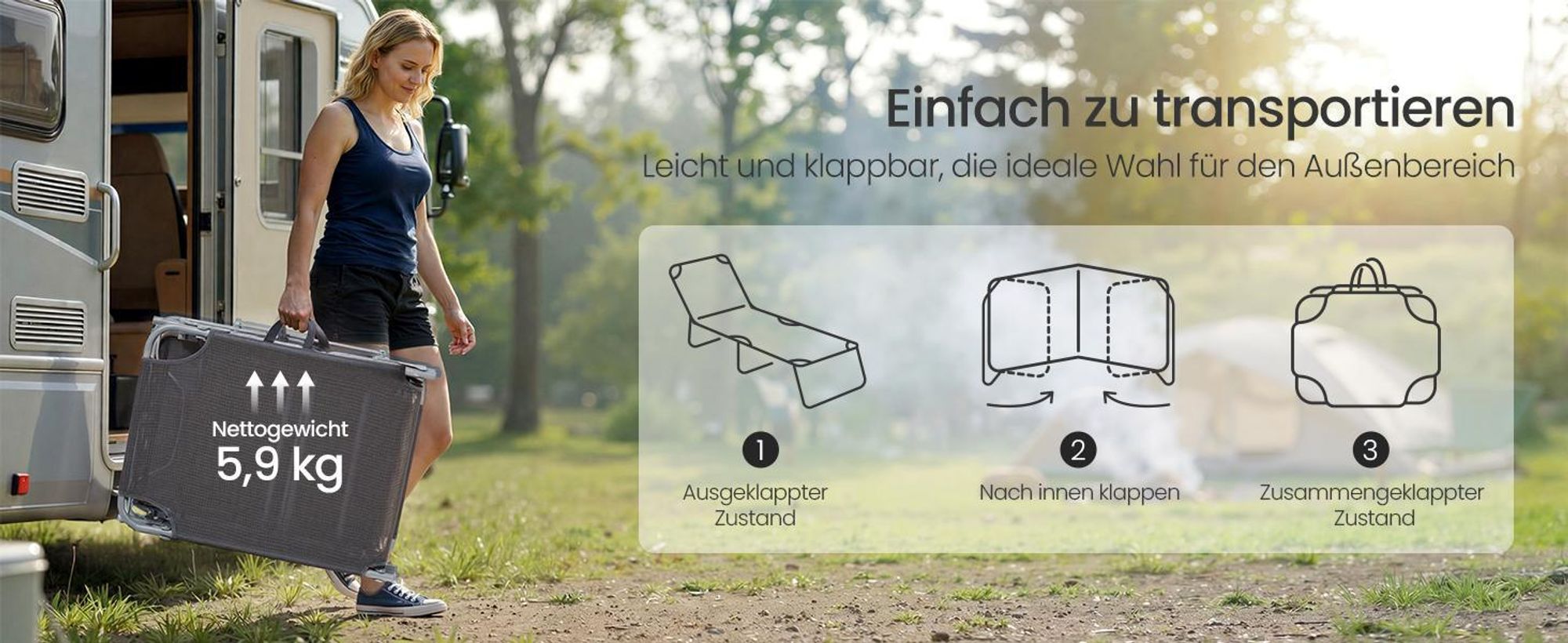 SONGMICS Sonnenliege klappbar, belastbar bis 110 kg, verstellbare Sonnenblende, Rückenlehne, beige