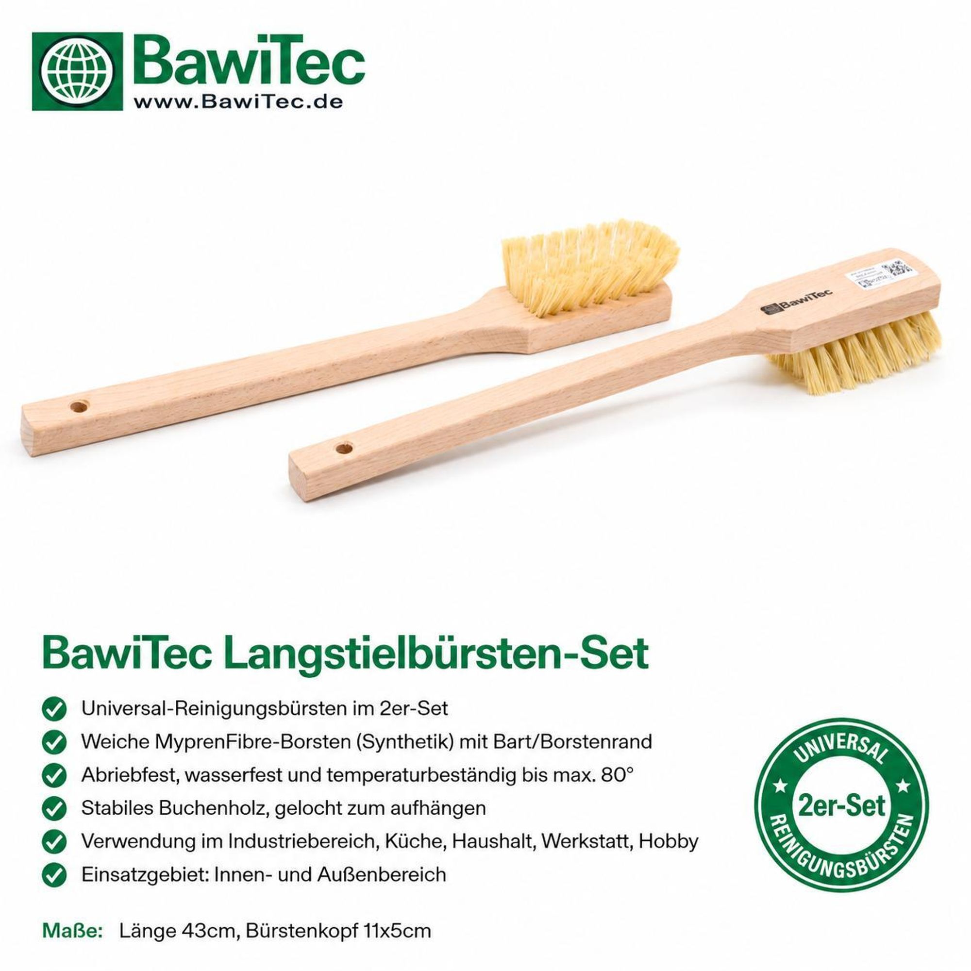 2x Stielbürsten 43cm Lang Reinigungsbürsten Set gelbe MyprenFibre-Borsten Spülbürsten Langstiel Scheuerbürste Handbürsten