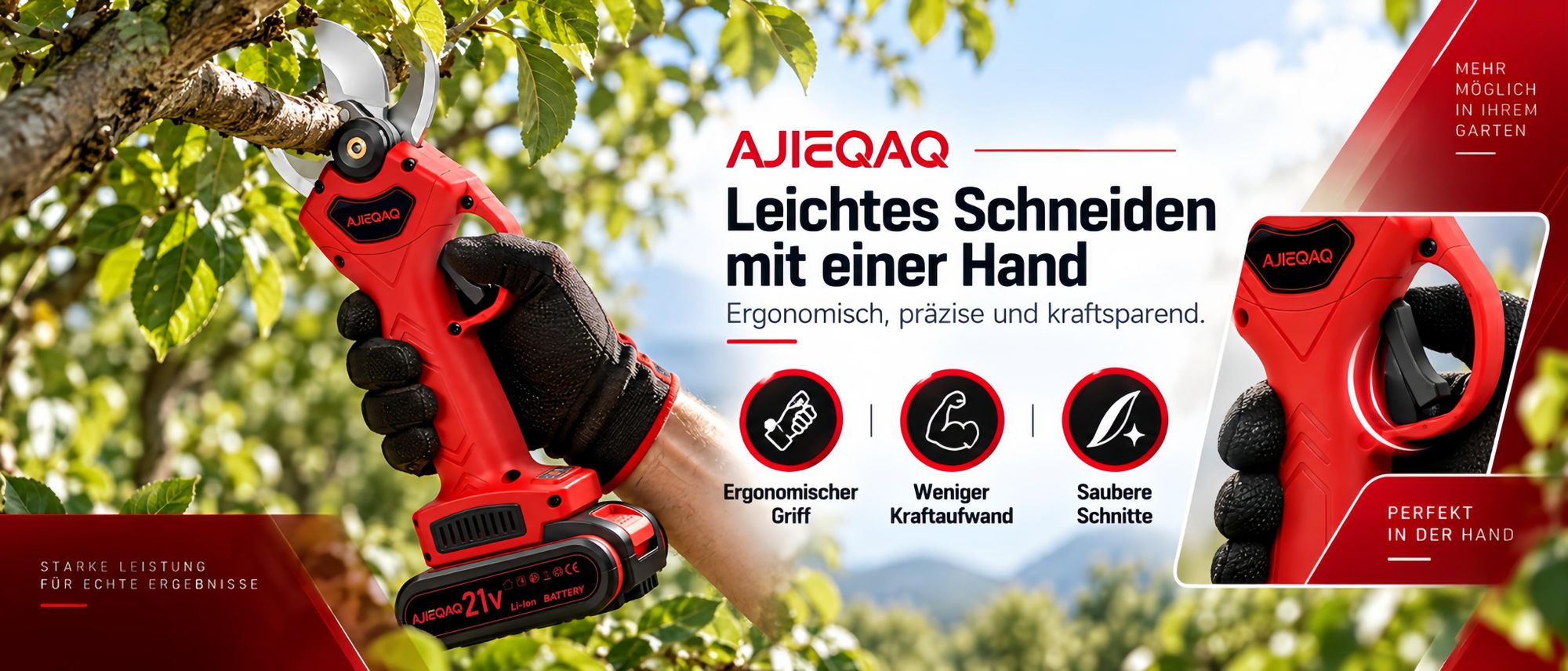 AJIEQAQ Elektrische Gartenschere 21V, Akku-Astschere Brushless, 2×2000mAh Akkus, 25mm Schnittkapazität, SK5 Klinge, Koffer
