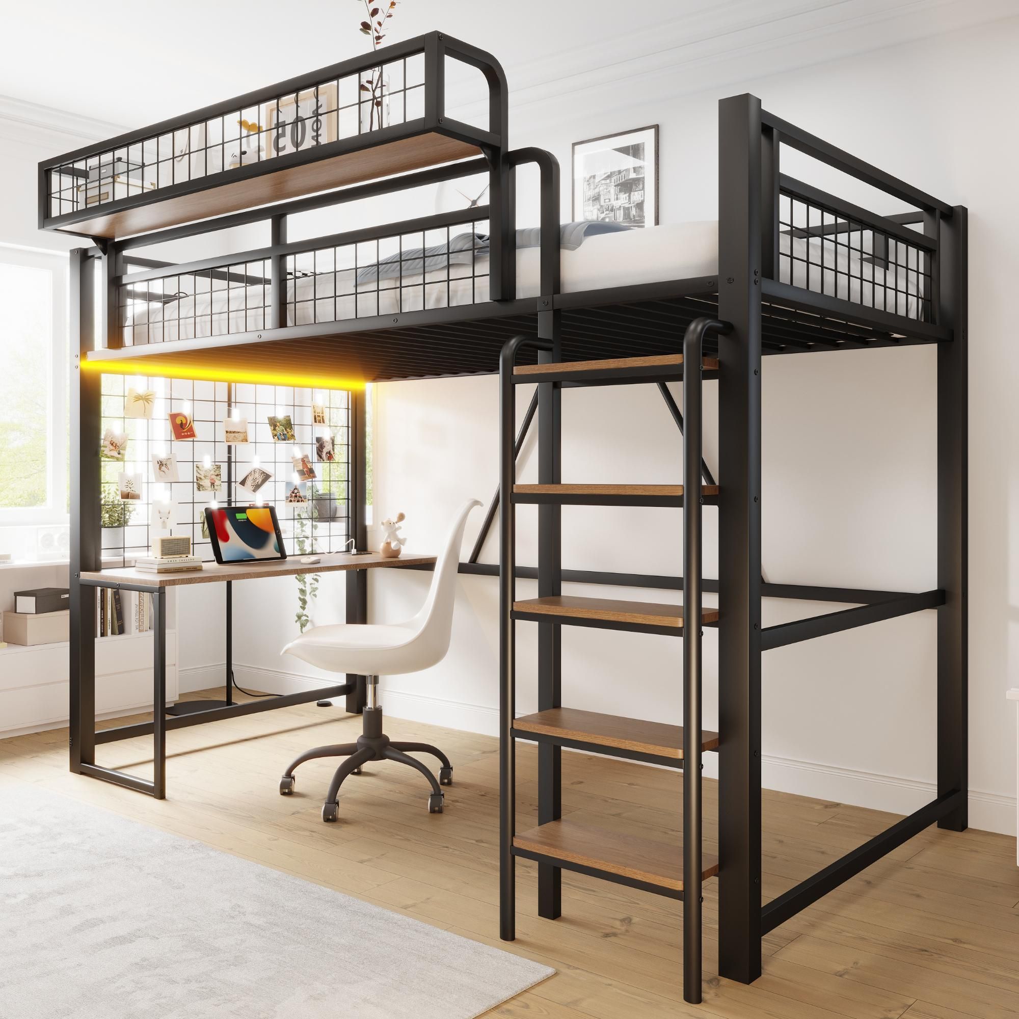 Merax Hochbett Etagenbett 90x200 mit Schreibtisch und LED Licht, Kinderbett mit Sicherheitsgeländer, Metallbett mit Steckdose,Aufbewahrungsnetz,Schwarz