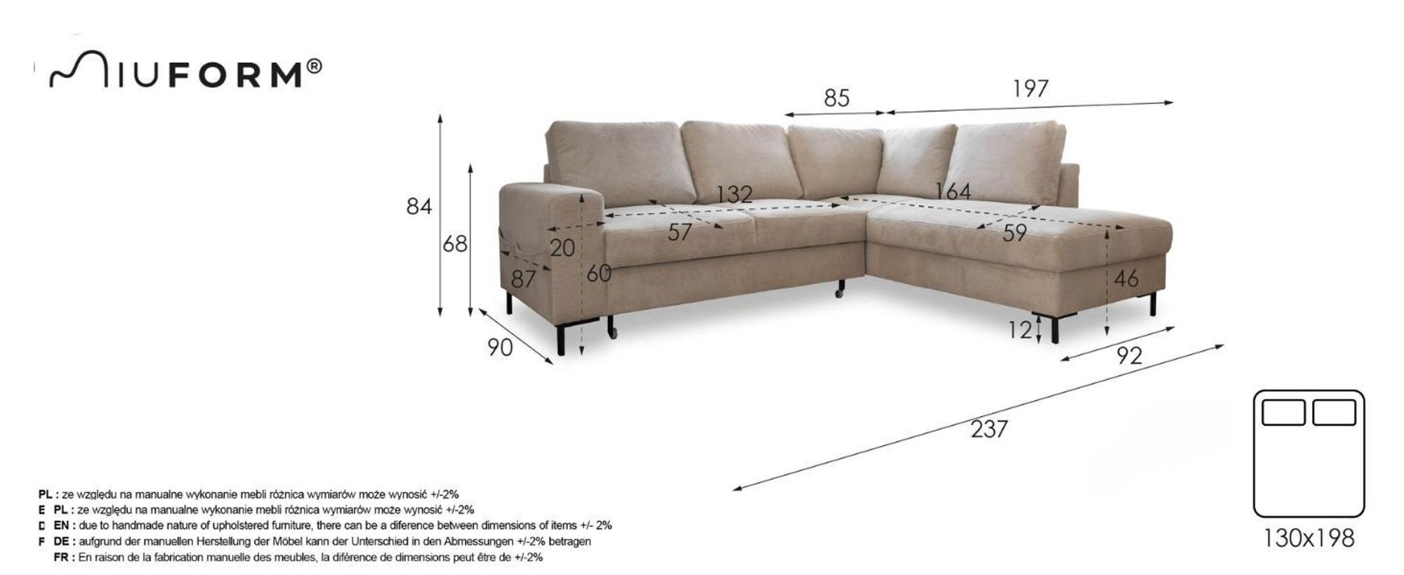 MIUFORM Lofty Lilly Ecksofa mit Bettfunktion L-FORM RECHTS– 237 x 197 cm - Beige - Sofa Schlafsofa Couch
