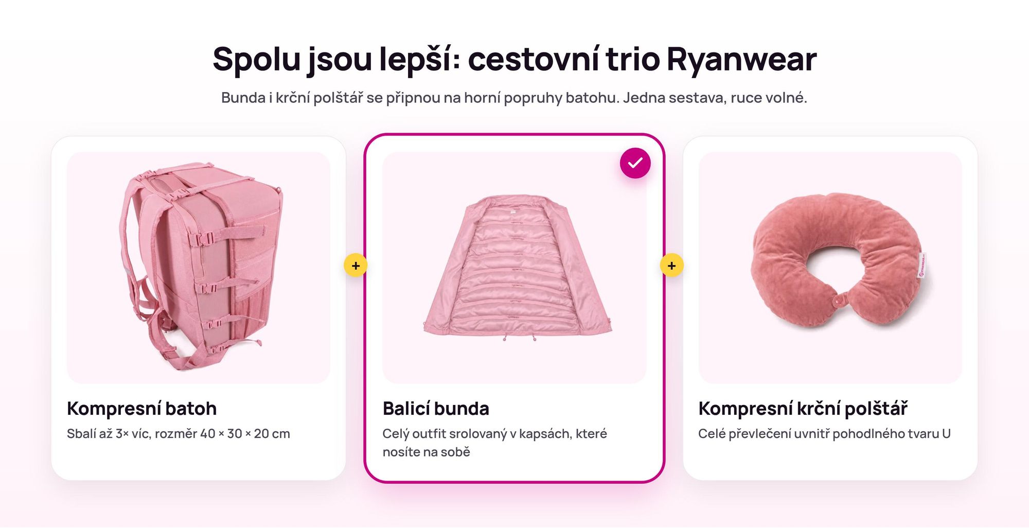 Kompresní batoh Ryanwear s Balicí bundou a Kompresním krčním polštářem připnutými nahoře