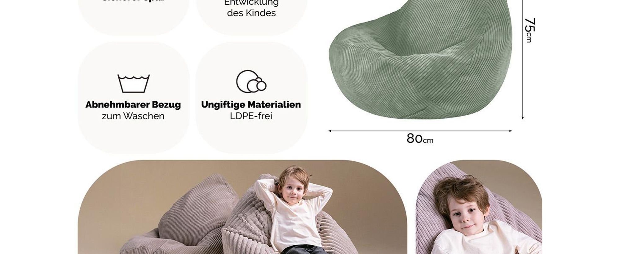 MISIOO Kinder Sitzsack Premium - Ergonomischer - Ab 12 Monaten - Bequeme Sitzsäcke fürs Kinderzimmer - Sitzsack mit Leichter Styroporfüllung