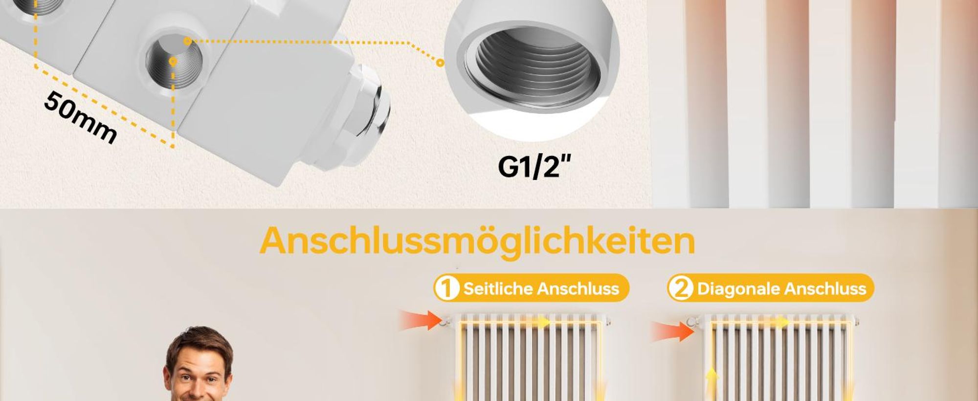 EMKE Design-Heizkörper D-Form 600x594mm 969W Red Dot Award Winner Weiß – Horizontal Montage, für 12,9 m², Bad & Wohnzimmer ohne Heizstab