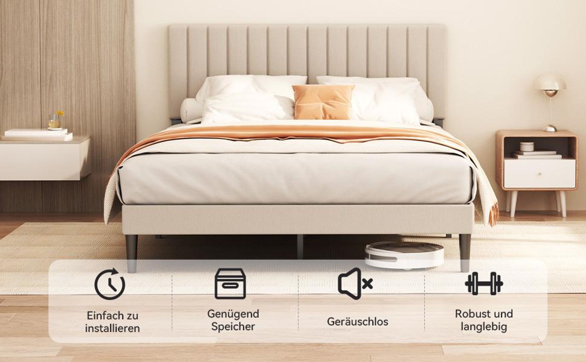Polsterbett 140x200 cm, Bettgestell mit Höhenverstellbarem Kopfteil und Lattenrost, Stabiler Bettrahmen, Bis 500 kg, Gepolstertes Bett, Beige