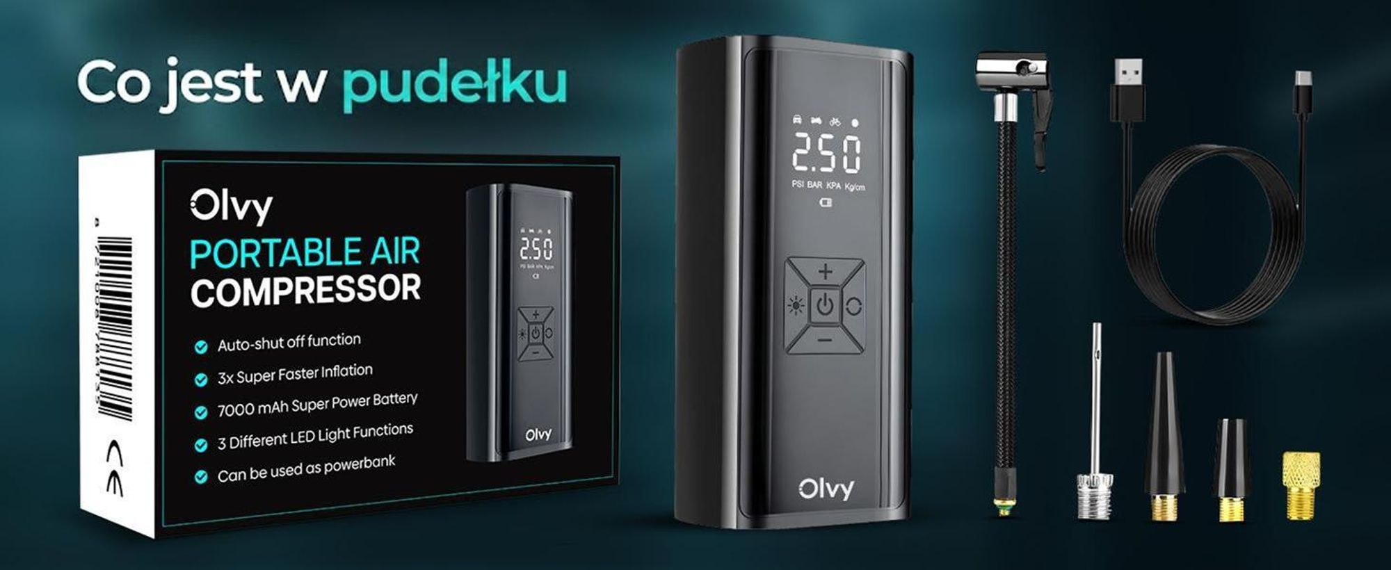 Kompresor powietrza Olvy 7000 mAh, mini pompka do opon, elektryczna pompka rowerowa, elektryczna pompka powietrza, mini kompresor do piłek rowerowych samochodowych