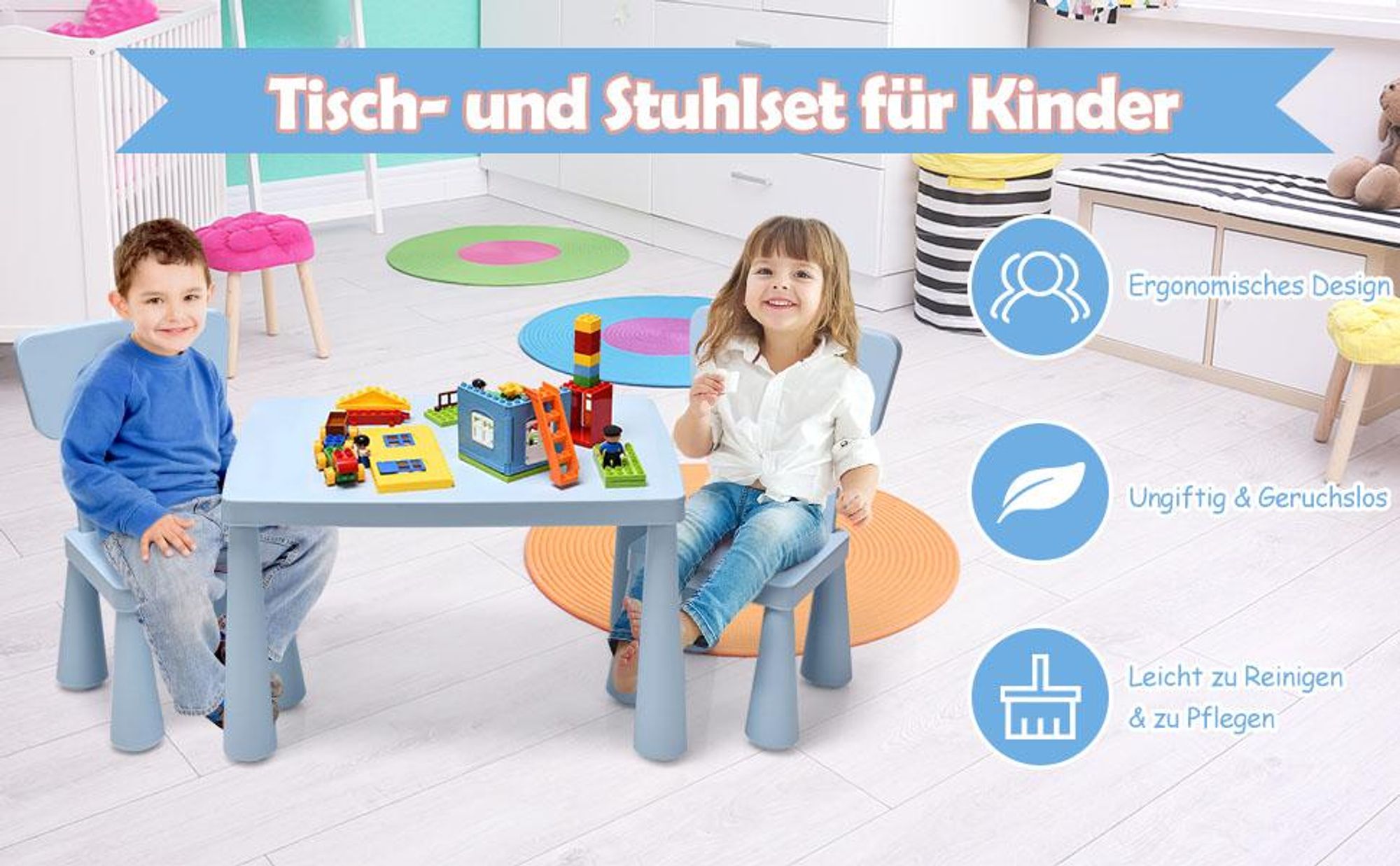 COSTWAY 3 tlg. Kindersitzgruppe, Kindertischgruppe, Kindertisch mit 2 Stühlen, Kindermöbel aus Kunststoff, Kinder-Tischset für Kinderzimmer Rosa