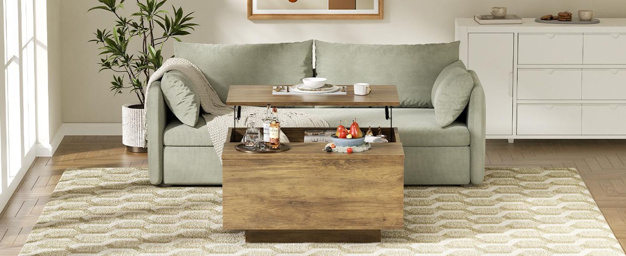 FABATO Couchtisch mit hochklappbarer Platte, quadratischer Couchtisch aus Holz mit Stauraum, Couchtische im Landhausstil mit verstecktem Staufach