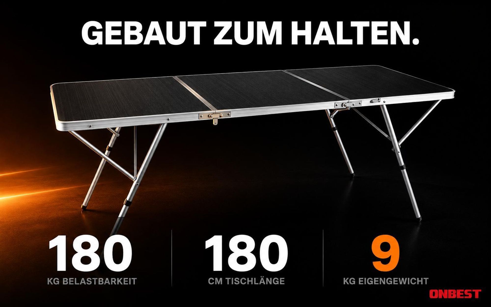 ONBEST Klapptisch | mit Tragegriff | Wetterfest | MDF-Platte | Aluminiumgestell | 180x70x70cm (BxHxT)