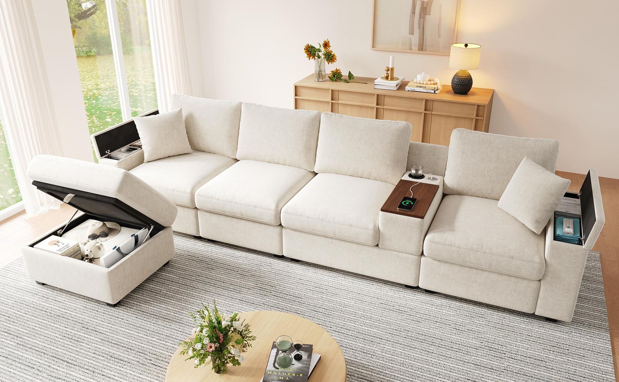 Merax Modulares L-Form Sofa, 5-Sitzer Ecksofa Mit Stauraum, USB & Type-C Anschlüssen, Drehbarem Couchtisch, Chenille Couch, Soffa, Beige