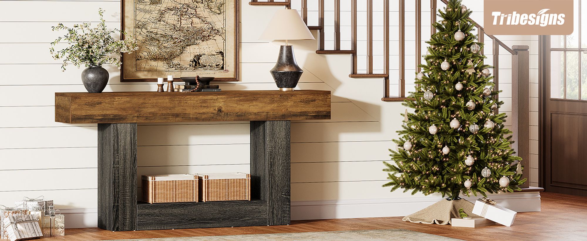 Tribesigns Konsolentisch, 160 cm, 2-stöckiger Eingangstisch, Sofatisch mit Stauraum, Bauernhaus-Holz hinter Couchtisch für Wohnzimmer, Flur, Gray