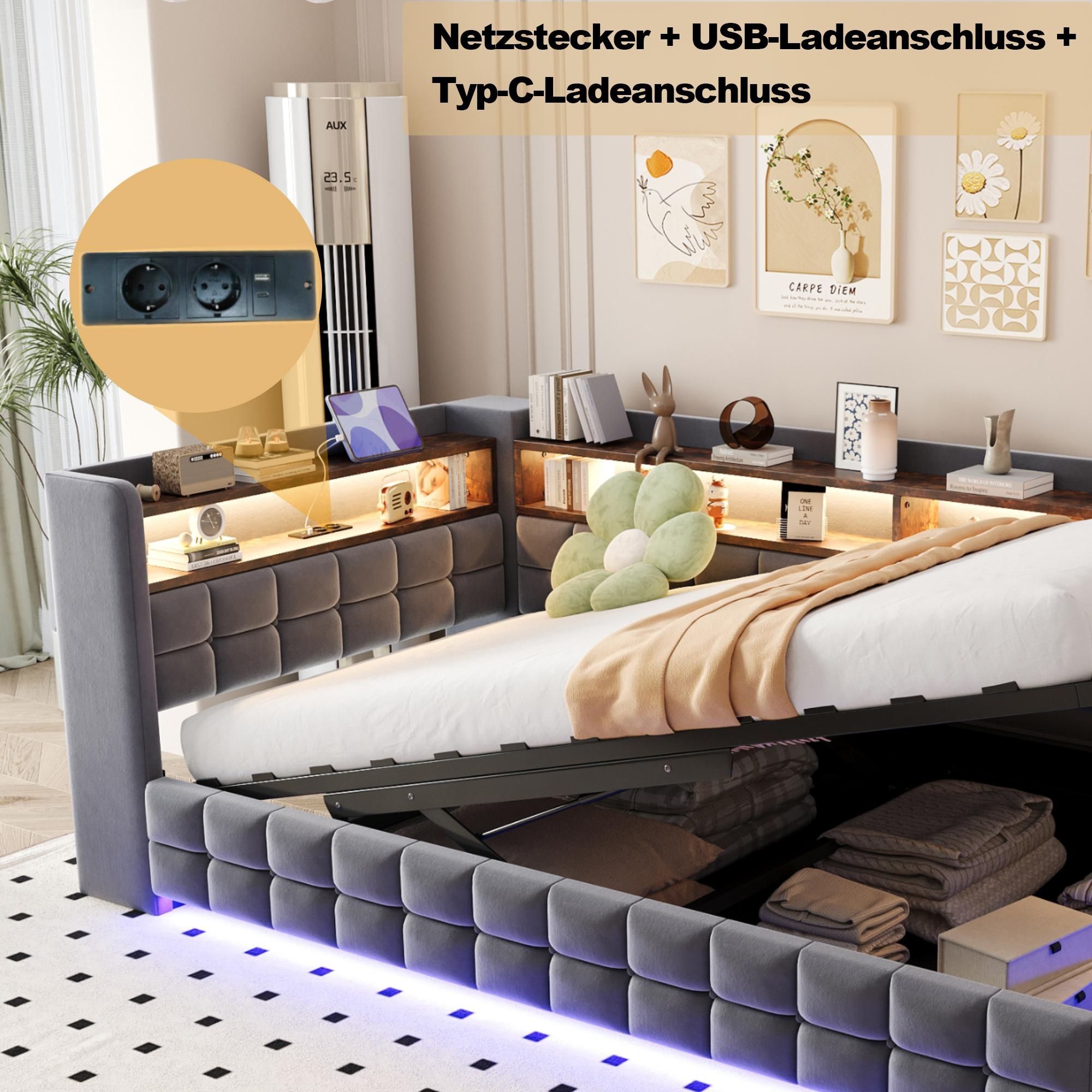 Merax Polsterbett Schlafsofa 90x200cm mit LED-Beleuchtung, Tagesbett mit Hydraulischer Stauraum und Holzregal, USB-Ladeanschlüsse, Samtstoff, Grau