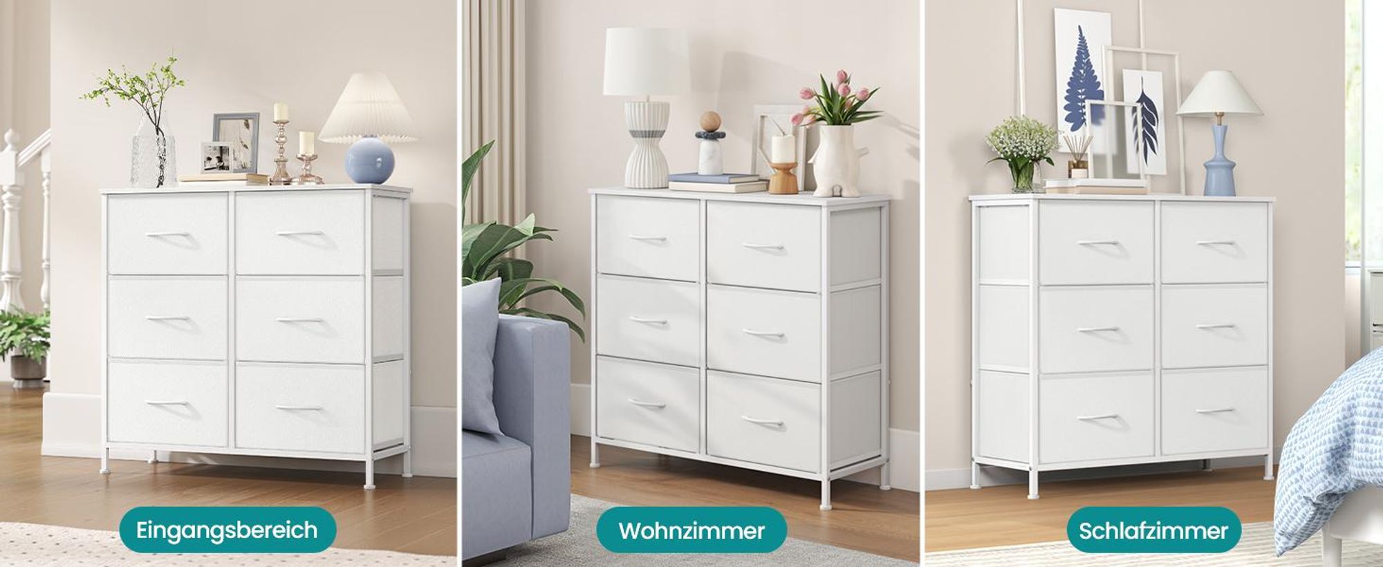 SONGMICS Kommode, Schrank, 6 Stoffschubladen, für Schlafzimmer, Flur, Wohnzimmer, weiß