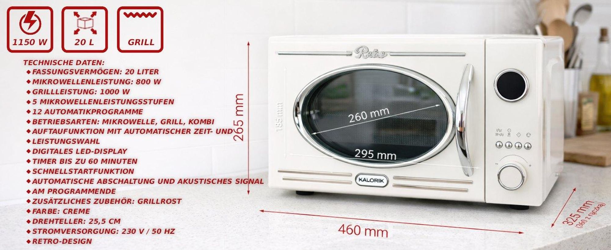 Retro Mikrowelle creme mit Grillfunktion MW 2600 DGC Kalorik 1150W 20L