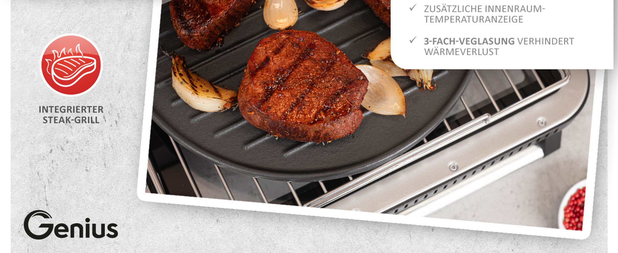 Genius Chef elektrischer Pizzaofen 10 in 1 8 tlg, 400°C, 2000 Watt, integrierter Airfryer, Steakgrill, Pizzastein und Pizzaschieber inklusive, 4 Modi