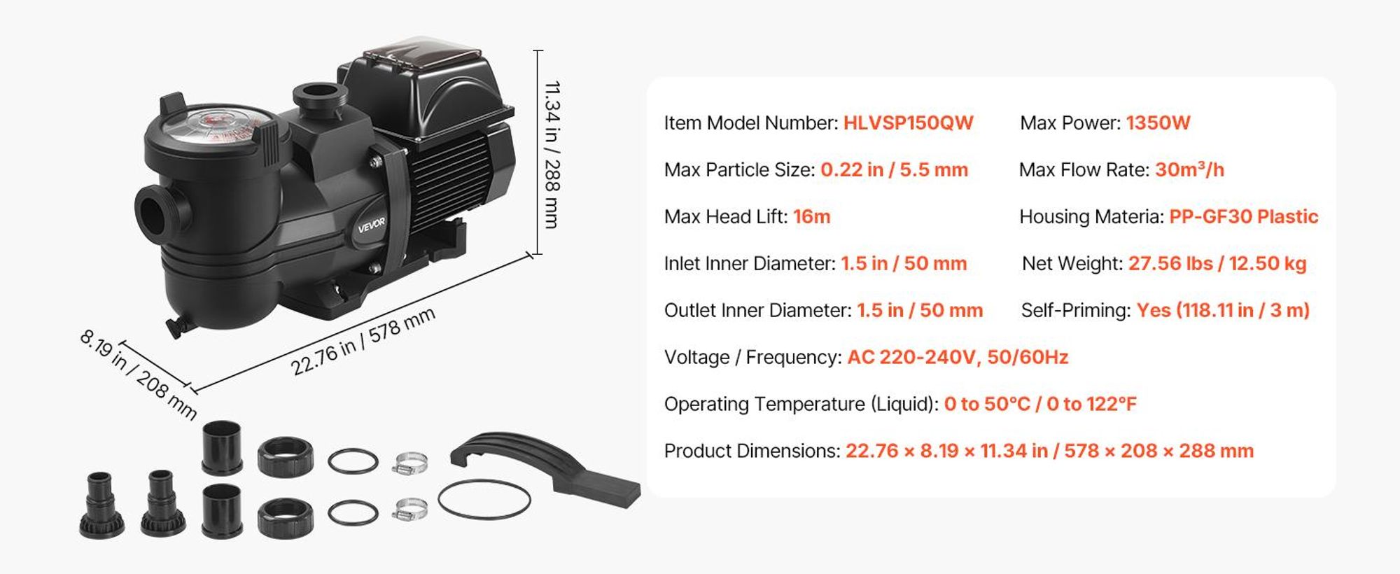 VEVOR Variabler Geschwindigkeits-Poolpumpe, 1650W, AC 220-240V, 33.000 L/H, In-/Über-Boden-Poolpumpe mit Filterkorb, Leistungsstarke Selbstansaugung, Programmierbarer Timer, für eingelassene und aufgestellte Schwimmbecken