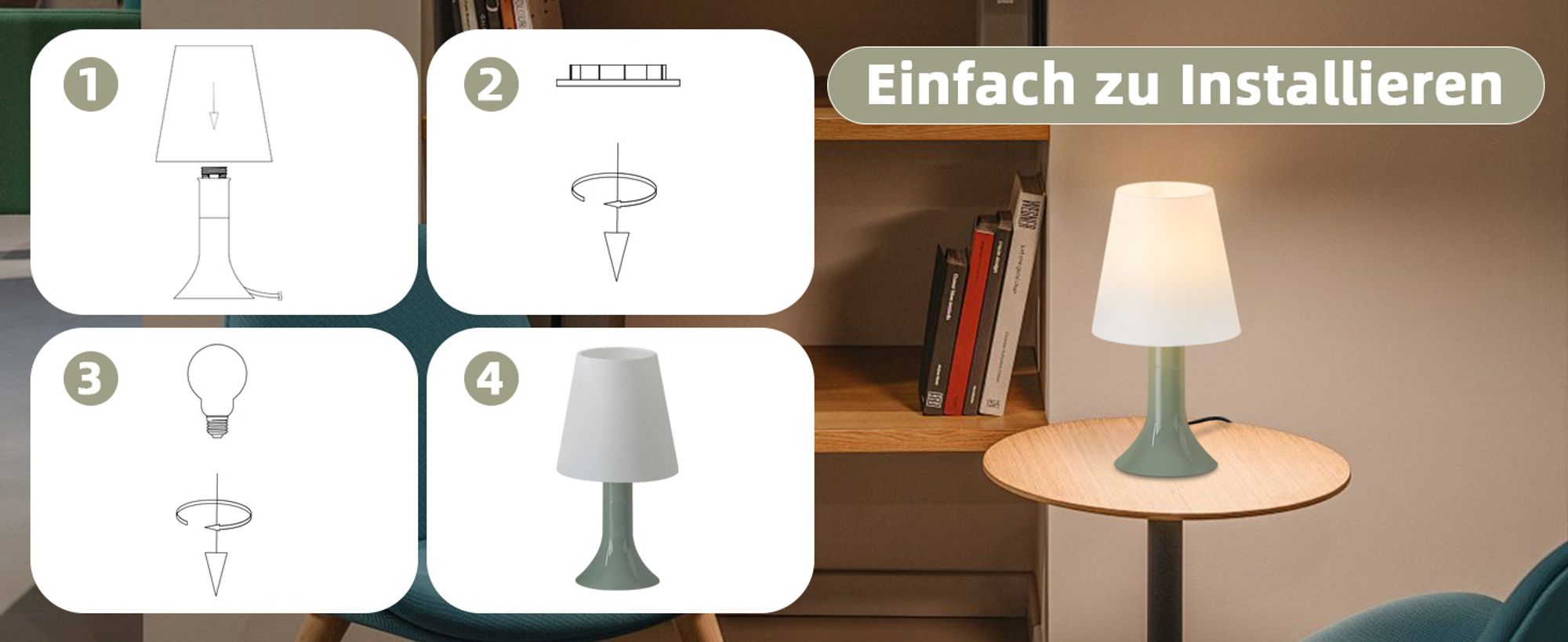 ZMH Tischlampe Wohnzimmer Tischleuchte 2er Set Grün mit Kabel Nachttischlampe E14 Tischlampen Moderne Landhausstil für Esstisch Schlafzimmer