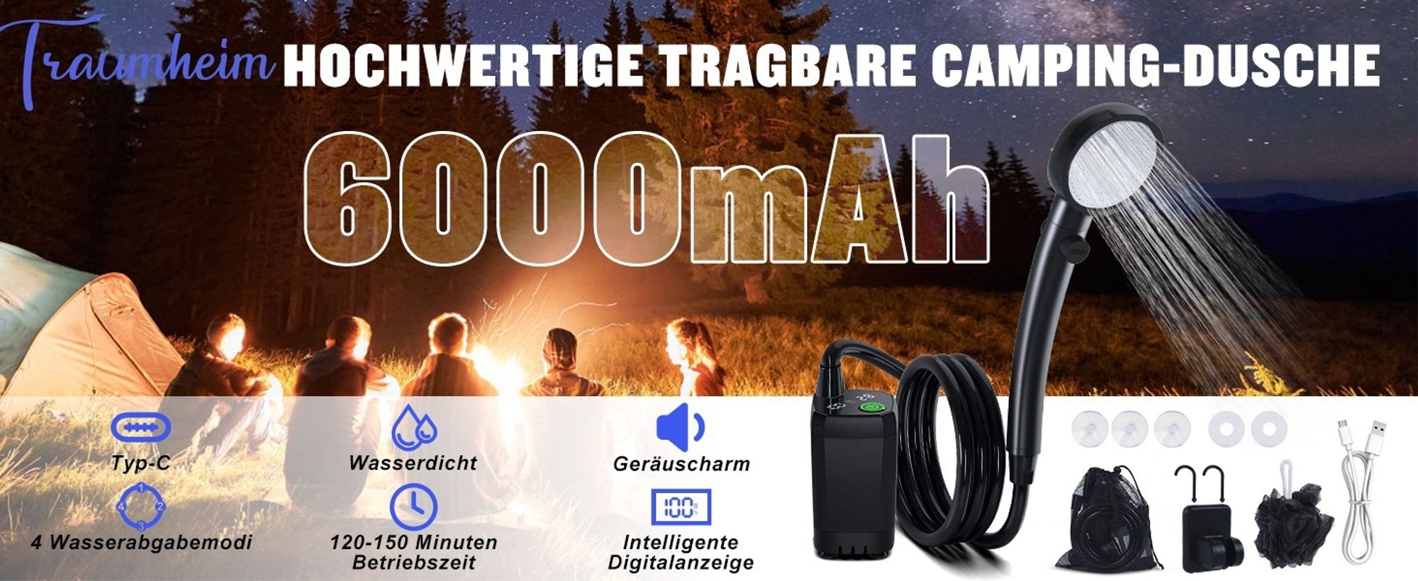 Tragbare Campingdusche,[6000 mAh] ,Pump- und Temperaturanzeige,mit Duschkopf und 2 m Schlauch für Garten, Waschen des Autos, Strand, Camping, Haustier