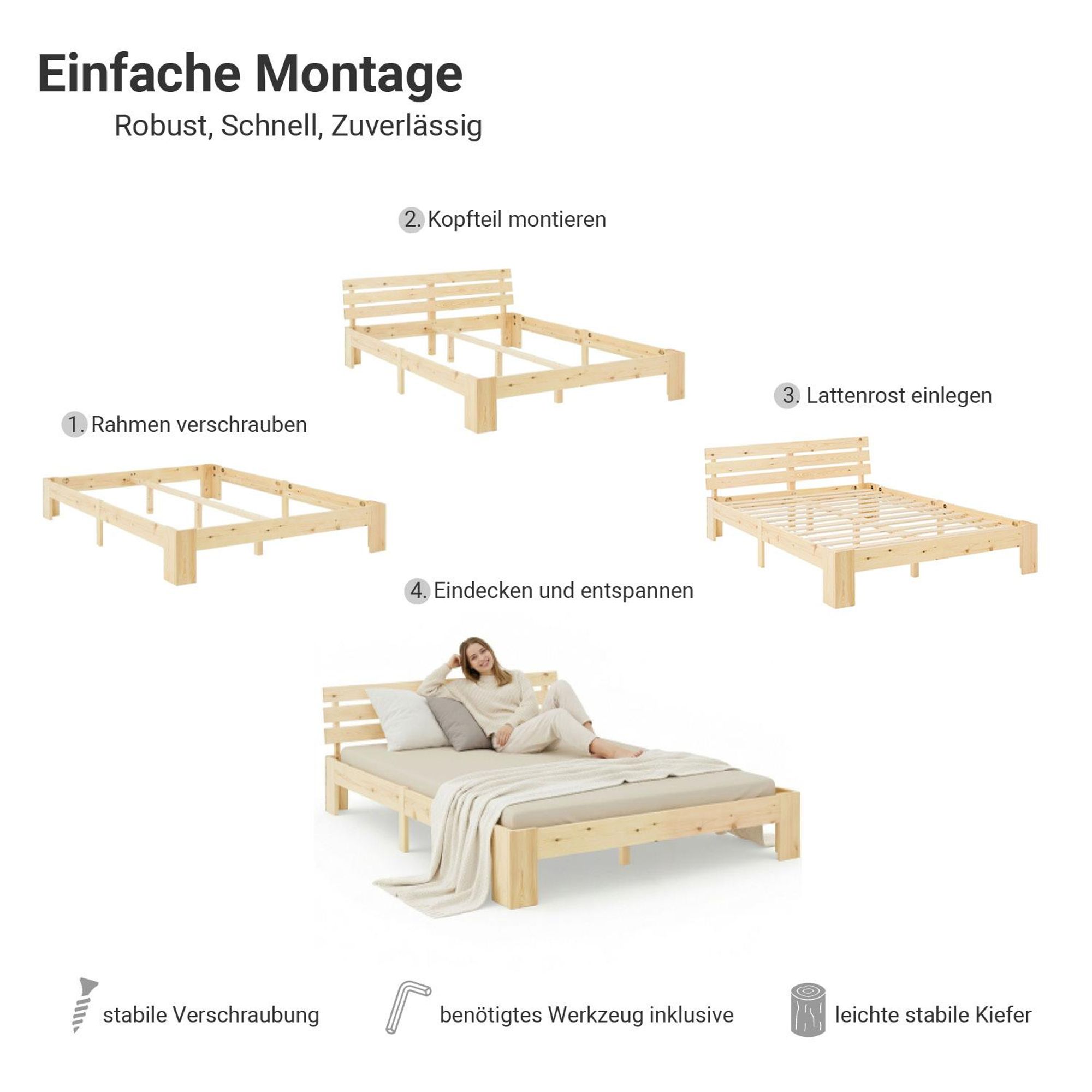 Das Bett kann in einigen Schritten problemlos montiert werden.