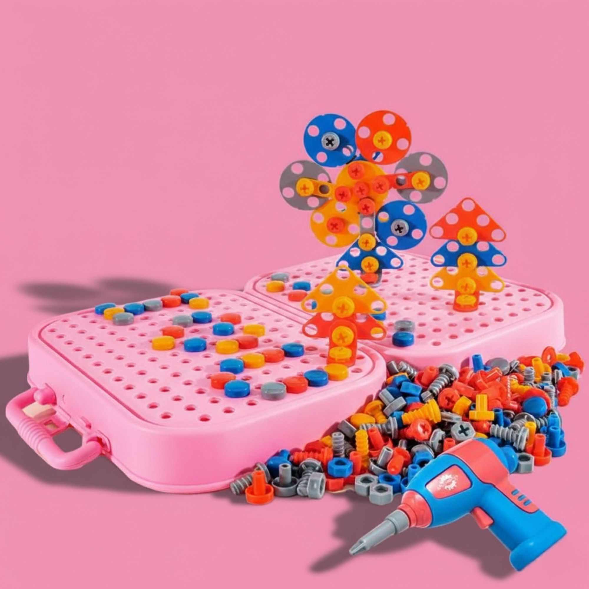 Einhorn Konstruktionsspielzeug 228 Teile, Montessori Werkzeugkasten mit Elektroschrauber, 3D Mosaik Steckspiel ab 3 Jahren, EVI TOYS Unicorn