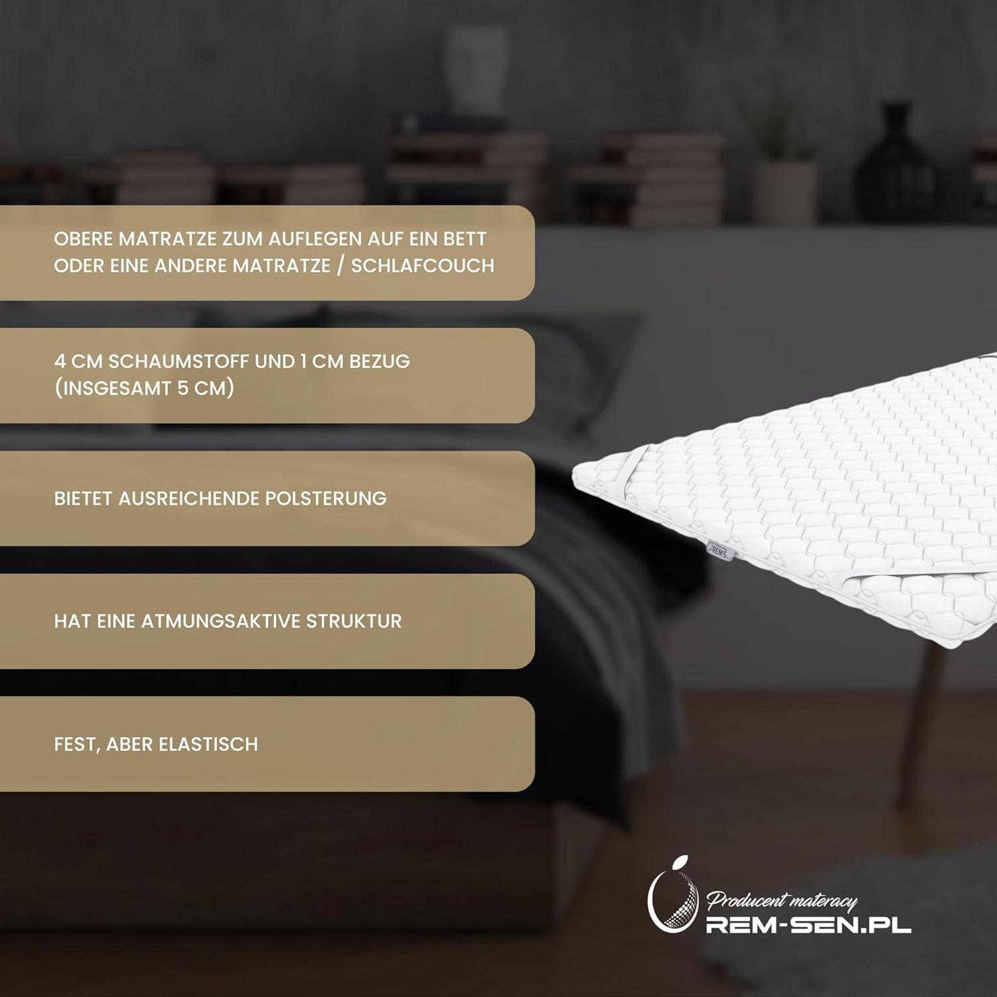 REM-SEN Matratzen Topper Matratzentopper 110x190 cm Höhe 5cm Härtegrad 3 (H3) Mattress Topper aus mittelfeste Polyurethanschaum, Dreilagige Membranhülle Für Sofa oder jeden Platz,