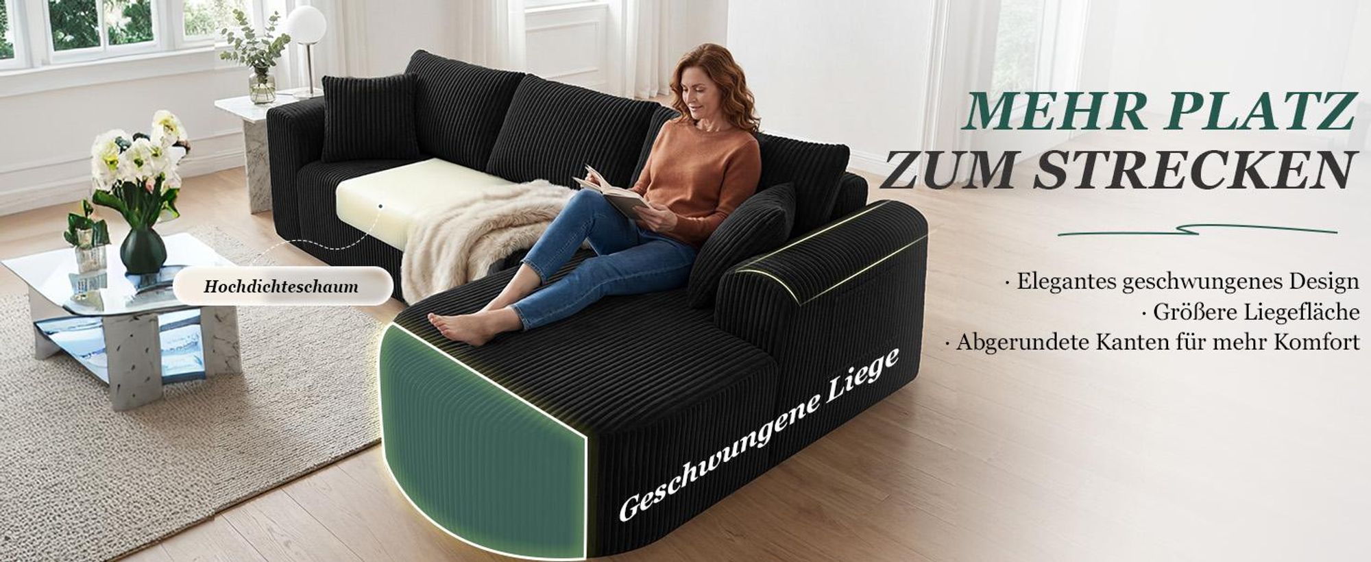 COMHOMA Ecksofa mit Schlaffunktion, 263cm Corduroy Modulares Boneless Couch mit Chaiselongue, L-Form Schlafsofa, Sektionssofas mit Kissen & Seitentasc