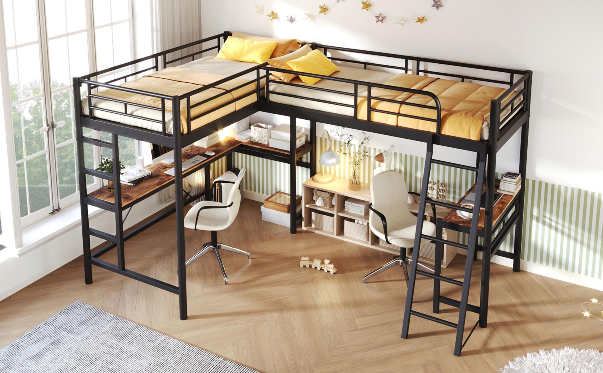 STILVORA Hochbett 90 x 200 Doppelbett Metallbett mit Doppeltreppe,Jugendbett Werkbank und Tisch unter dem Bett,Schwarz(ohne Matratze)