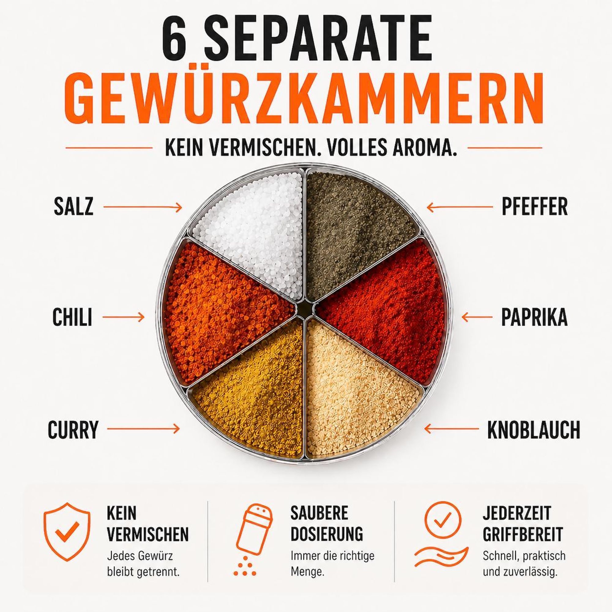 ration1 Gewürzstreuer XXL 6 in 1 – Camping Gewürzdose mit Salz, Pfeffer, Chili, Paprika, Knoblauch & Curry, nachfüllbar