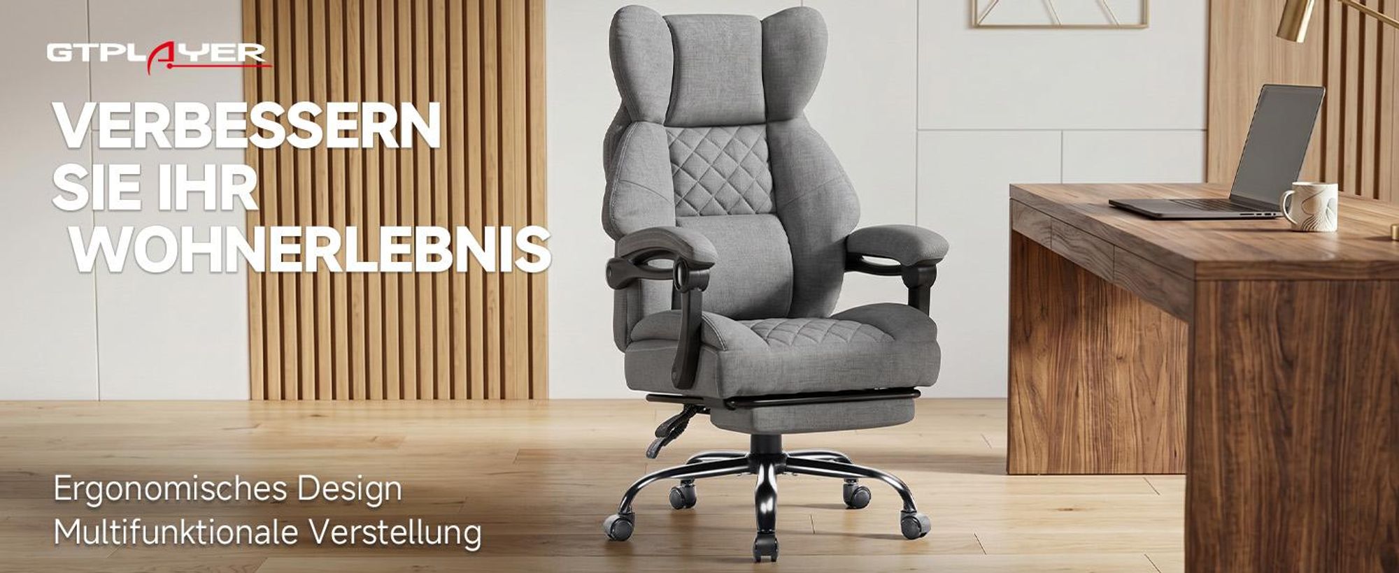 GTPLAYER Gaming Stuhl, Ergonomischer Bürostuhl mit Fußstütze und Lendenstütze, Hochlehner Chefsessel für Große, breiter Computersessel, Höhenverstellb