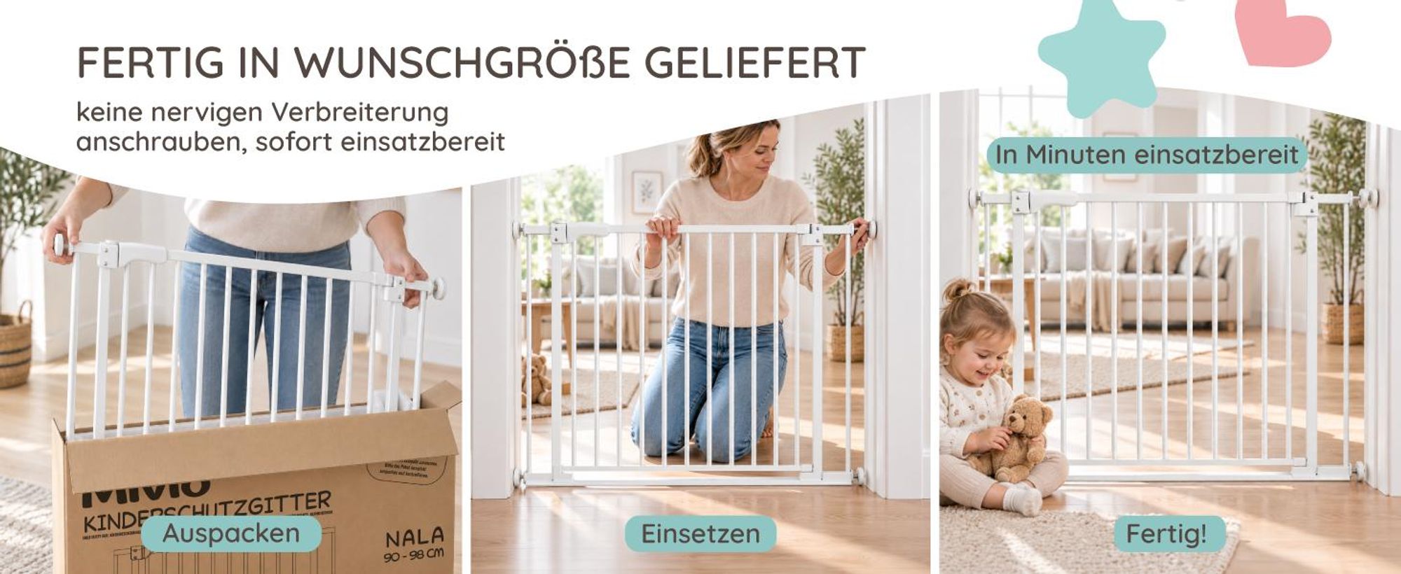 Mivio Nala Türschutzgitter 90–98 cm Weiß | Treppenschutzgitter ohne Bohren | Kinderschutzgitter Flatstep Auto-Close | Hundegitter