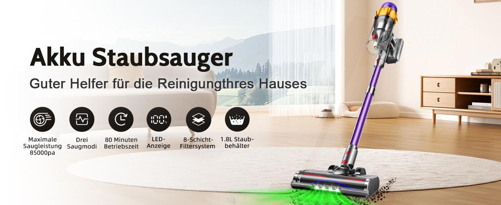 Aiibot Akku Staubsauger,85000Pa/80Mins Staubsauger Kabellos mit Smart Display,Staubsauger mit Anti-Verhedderung-Bürste,drei Gänge,1.8L, 2AKKU
