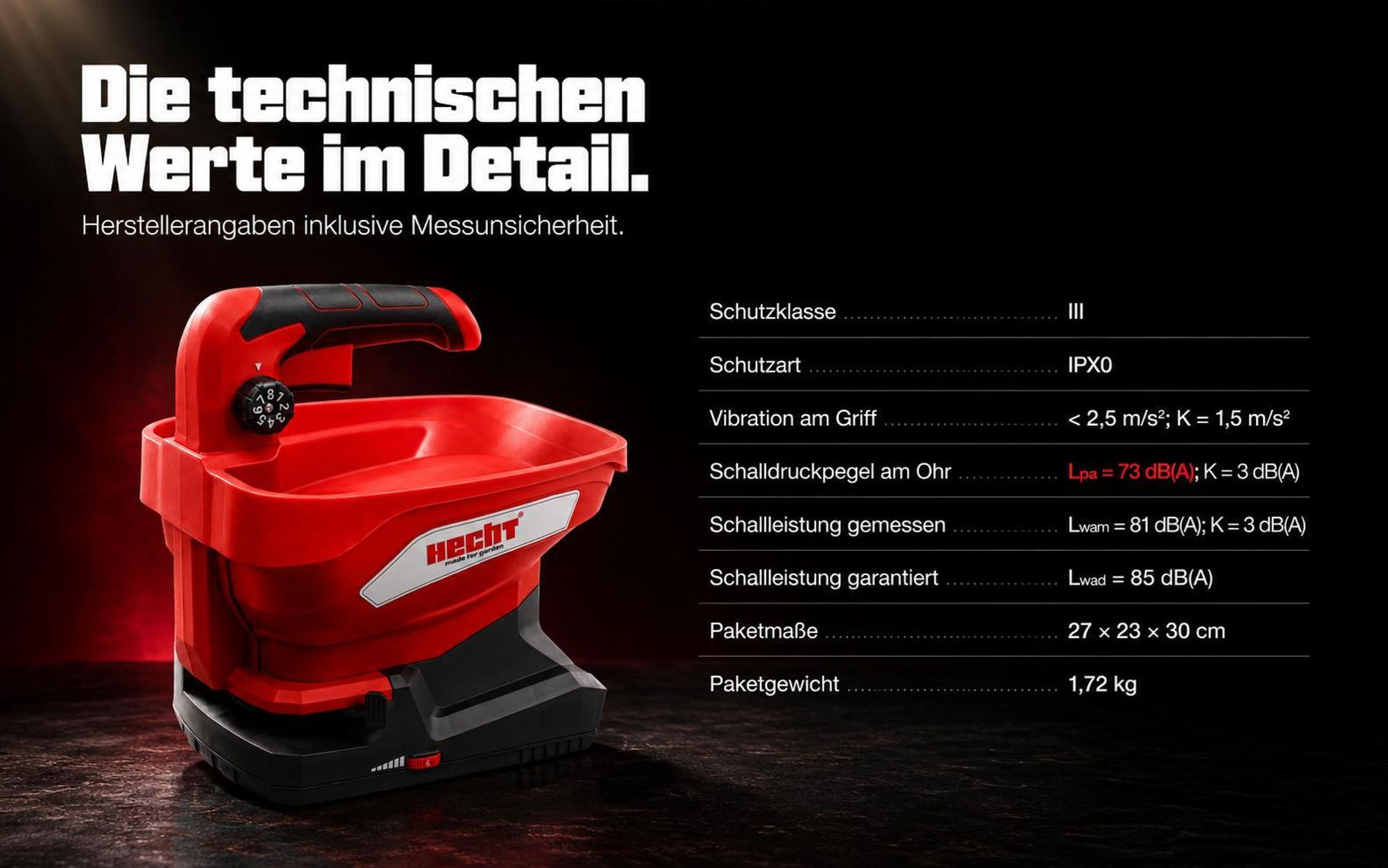 Akku Handstreuer HECHT 207 | 5 m Streubreite | Inkl. 7,2V Akku & USB-C | 3,3 Liter Volumen | Universal Salz Saatgut Sand Dünger Streuer