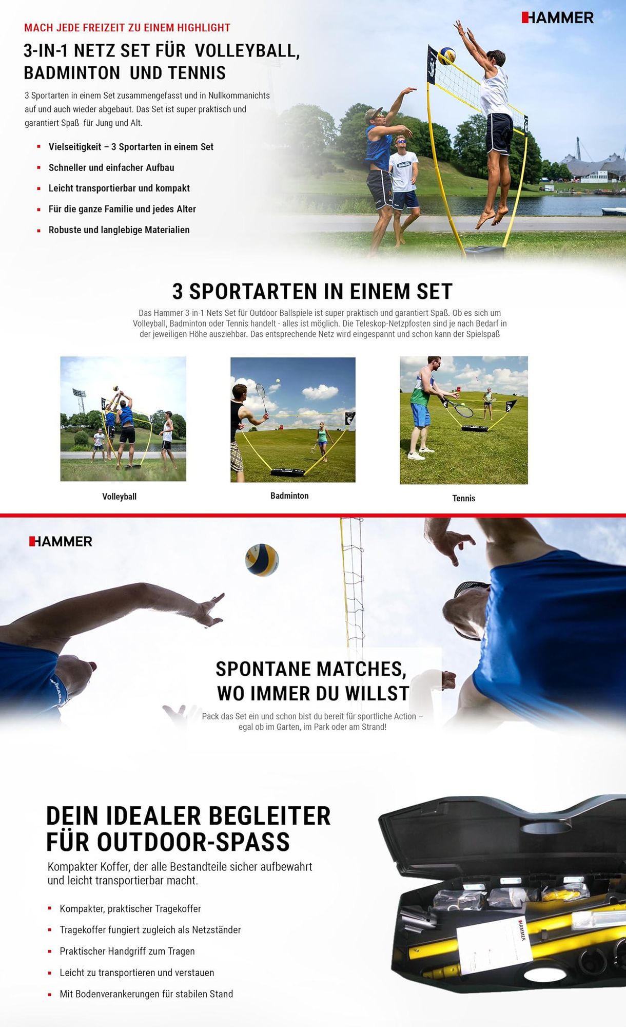 HAMMER 3 in 1 Set für Volleyball, Badminton & Tennis, mobil mit Tragekoffer