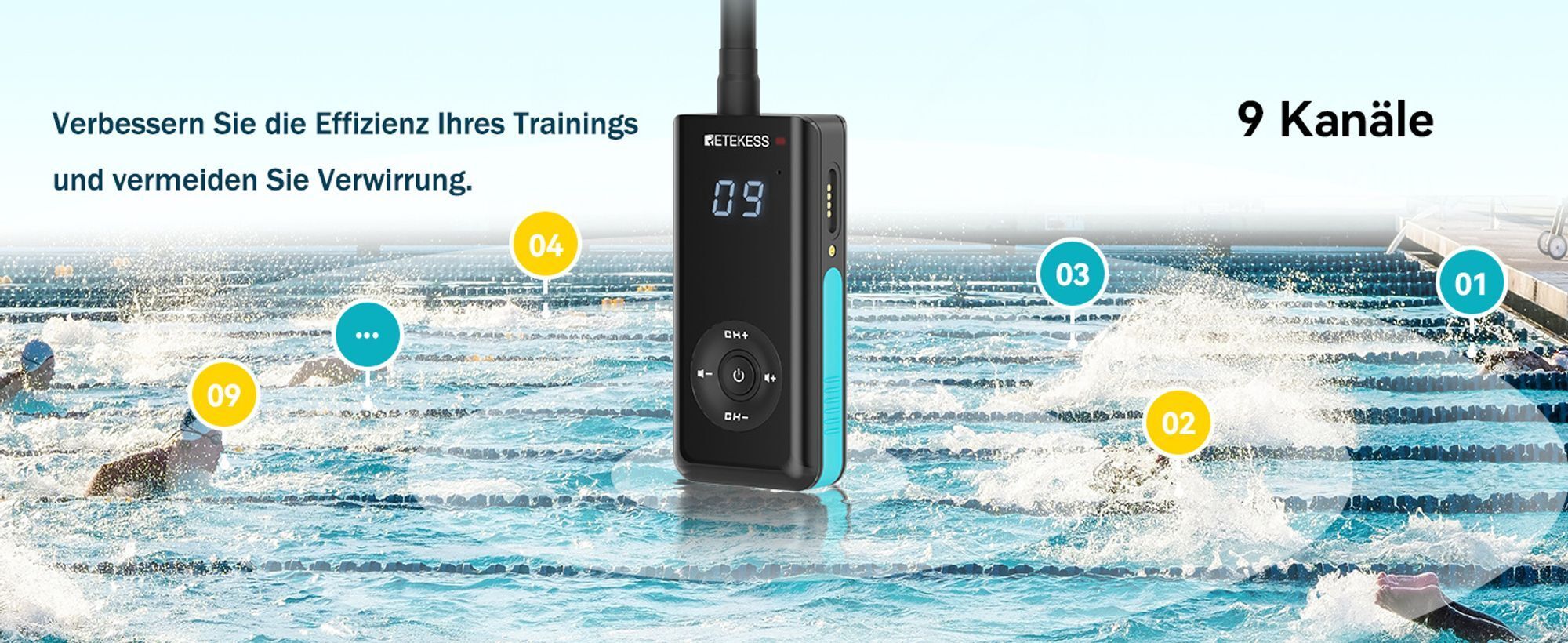 Retekess TT120 Schwimmtrainer-Kommunikator, IP68 Wasserdichte Schwimmkopfhörer, Knochenleitung, (1 Sender, 5 Empfänger)