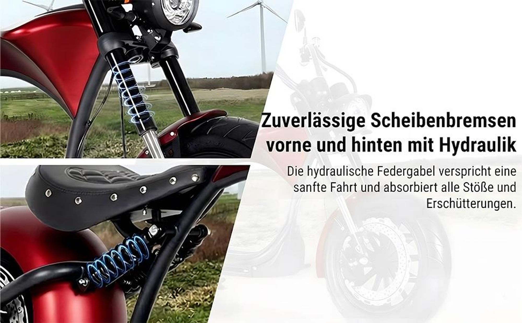 M1P E-Chopper Elektro-Kleinkraftrad 45 km/h, 2000W, 60V 30Ah Lithium-Akku, 80 km Reichweite, Hydraulikbremsen, Federung, abnehmbarer Akku, 200 kg