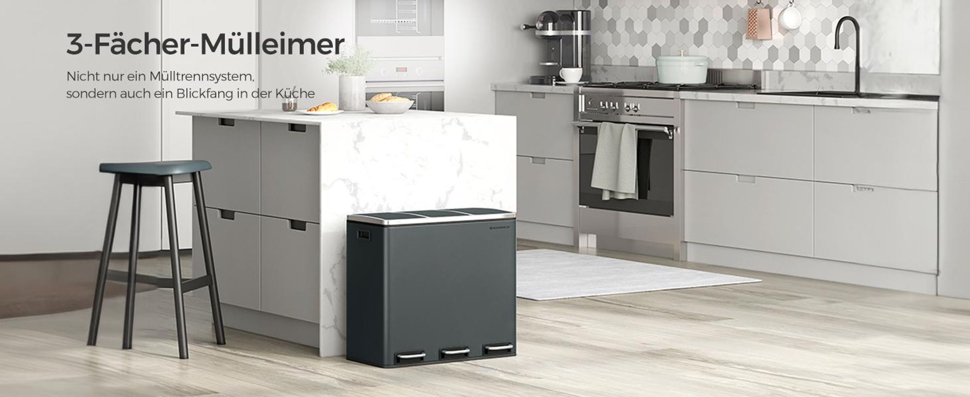 SONGMICS Mülleimer Mülltrennsystem, 3 x 18 L, ergonomisch, 3 Fächer, Küche