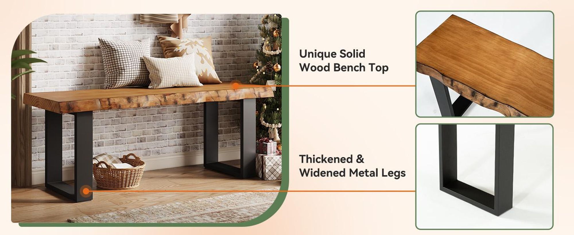 Wanbor 120cm Massivholz-Eingangsbank, industrielle Holz-Schuhbank mit Metallbeinen, schmale Lange Fußbank für Schlafzimmer, Wohnzimmer