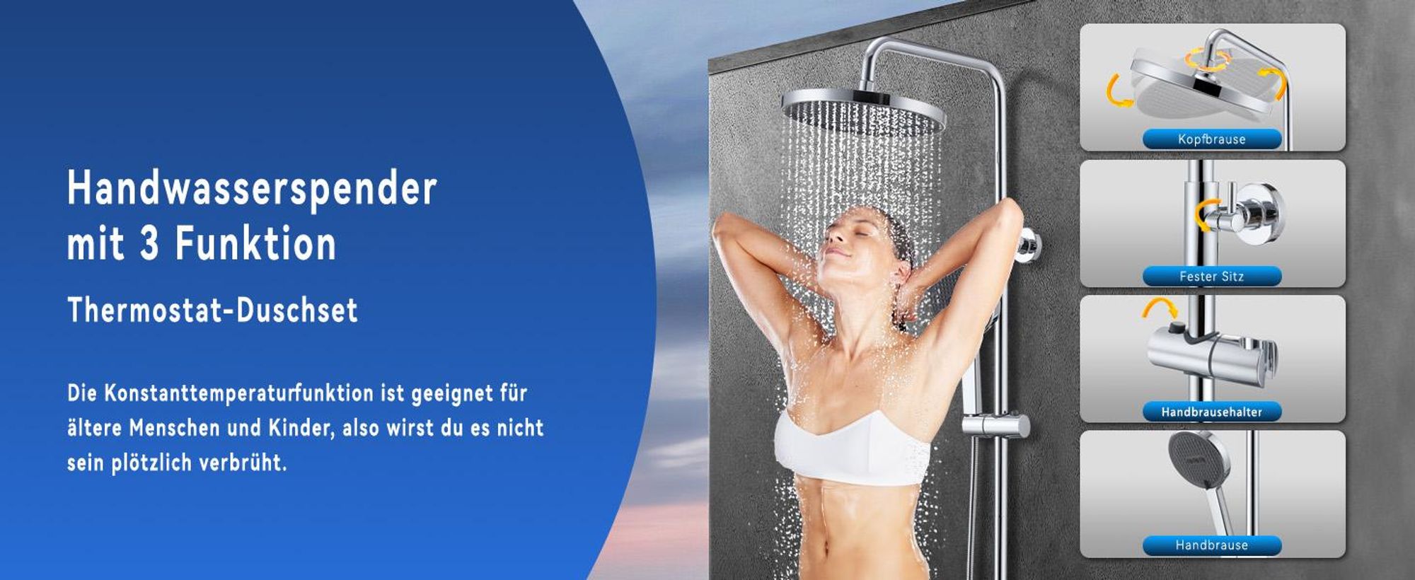 Duschsystem mit Thermostat Regendusche Duschset Brausegarnitur Duscharmatur Thermostat 40℃ mit Versteckter Wasserauslauf Duschstange inkl. Verstellbar Handbrause Regenbrause Duschstange