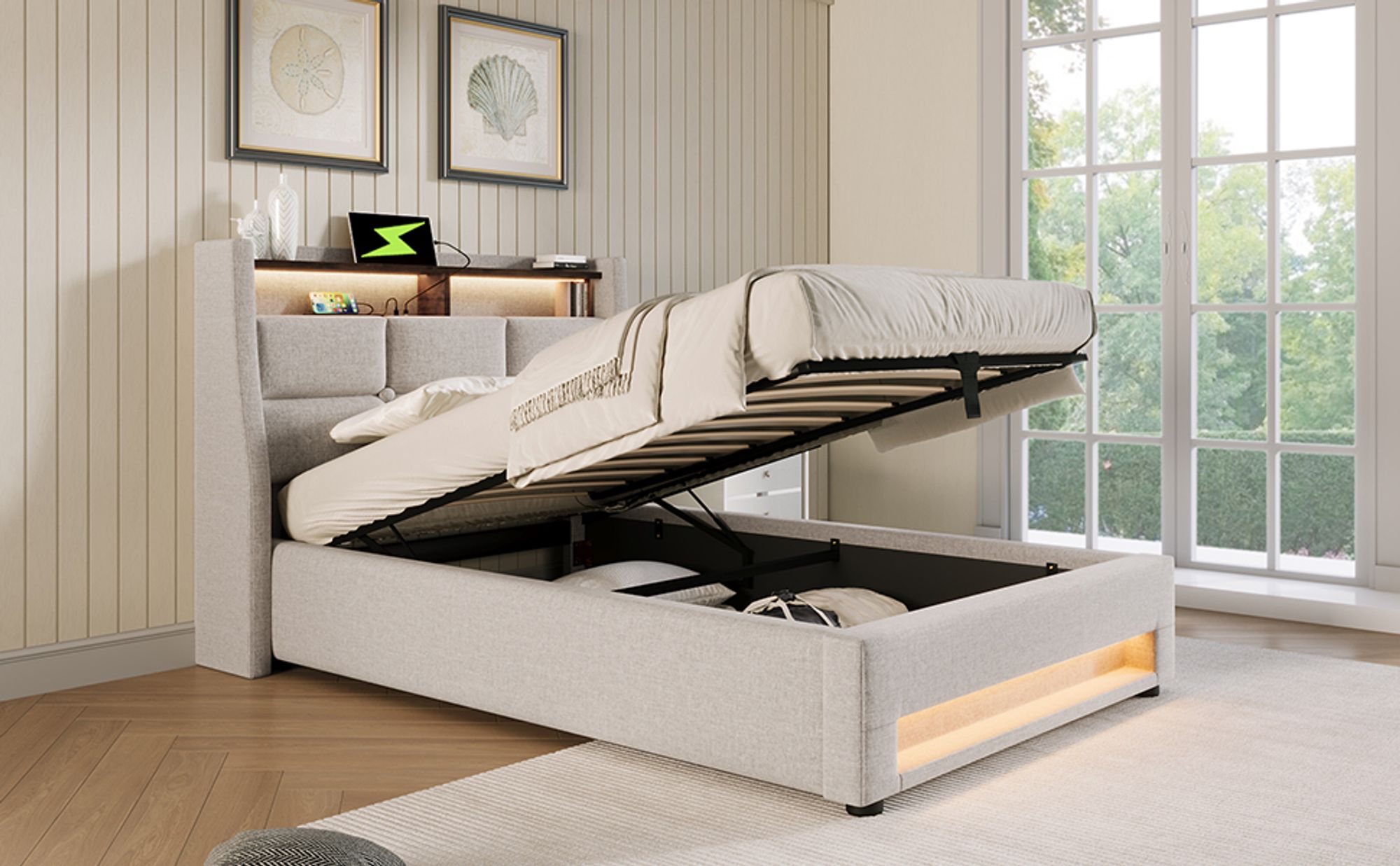 MODFU Boxspringbetten Polsterbett 90x200cm, Einzelbett Hydraulisches Bettkasten mit LED-Erleuchtung und USB(Ohne Matratze),Beige