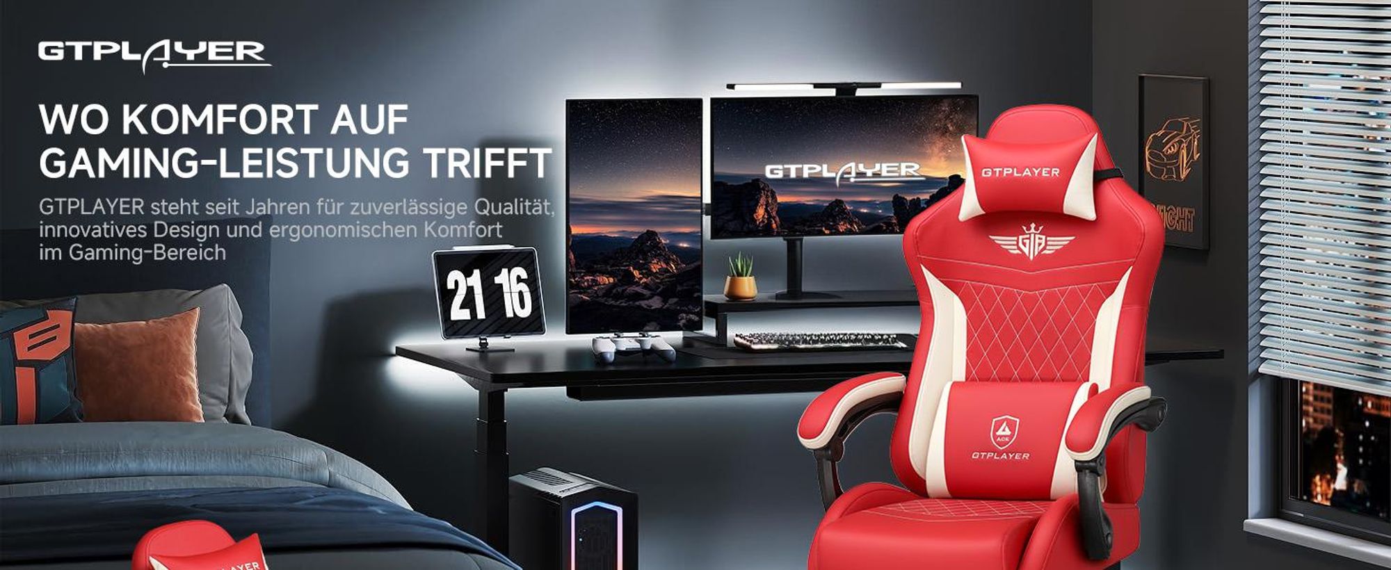 GTPLAYER Gaming Stuhl, Ergonomischer Gamer Stuhl aus Kunstleder mit Lendenwirbelstütze, PC-Stuhl mit verbreiterter Rückenlehne, Belastbar bis 150 kg, Ro