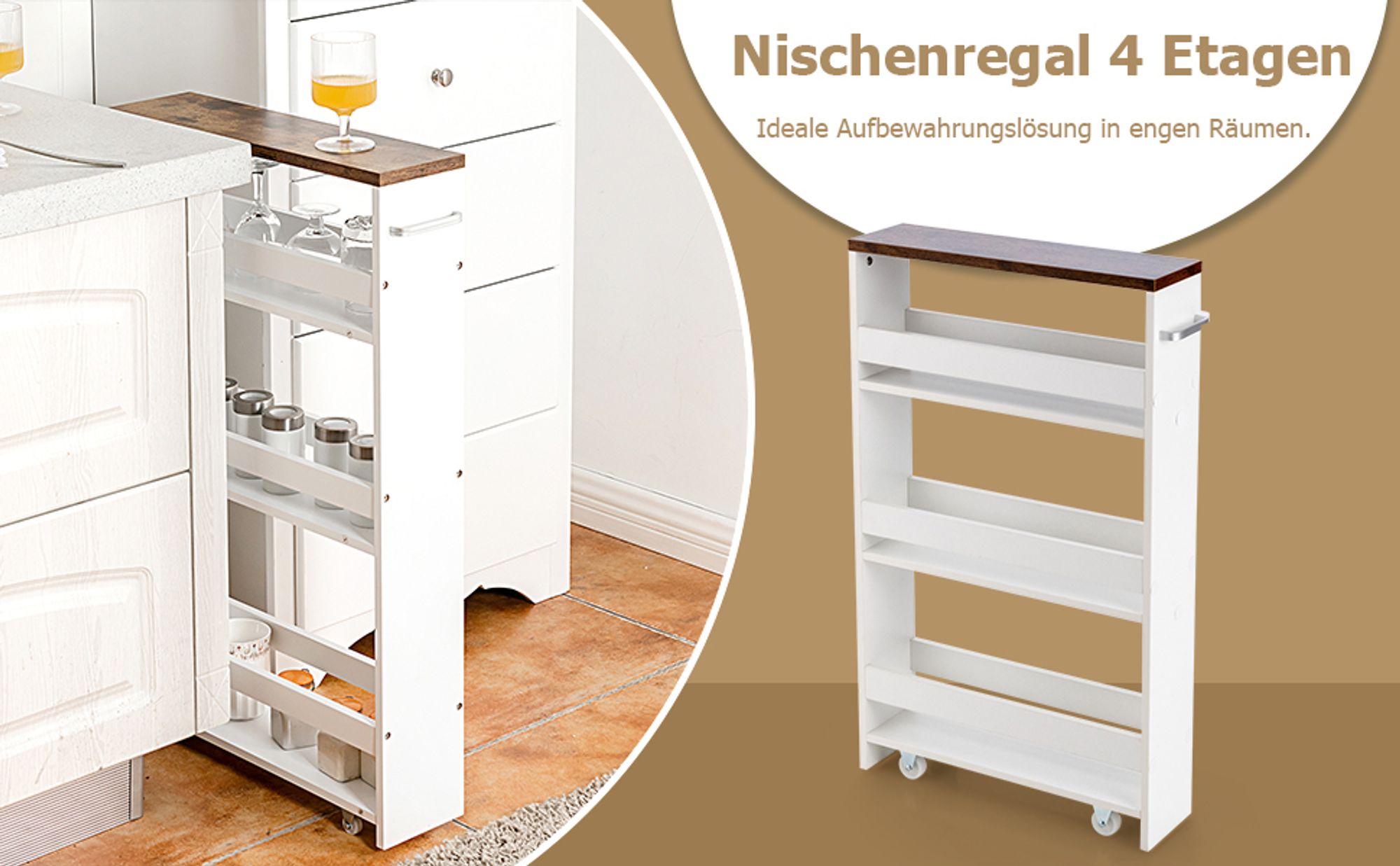 Nischenwagen Nischenregal 4 Etagen mit Rollen, Küchenwagen Holz, Rollwagen mit Griff, Nischenschrank (Grau)